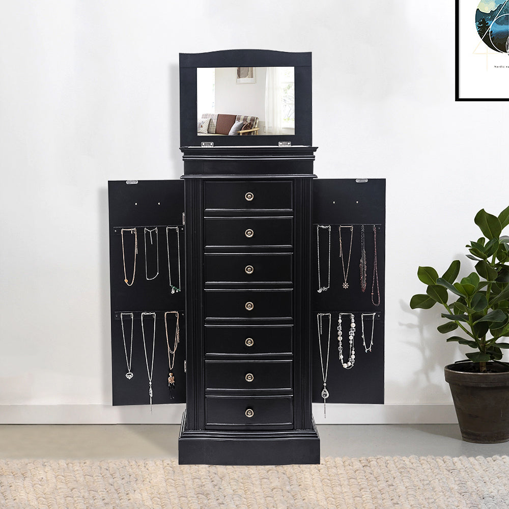 HAOYYE Jewelry Armoire with Mirror, 7 Drawers, 24 Necklace Hooks, and 2 Side Swing Doors, Elegant Black Finish, Large Storage Organizer for Jewelry, Accessories, and More, Stylish and Functional Design for Bedroom or Dressing Room