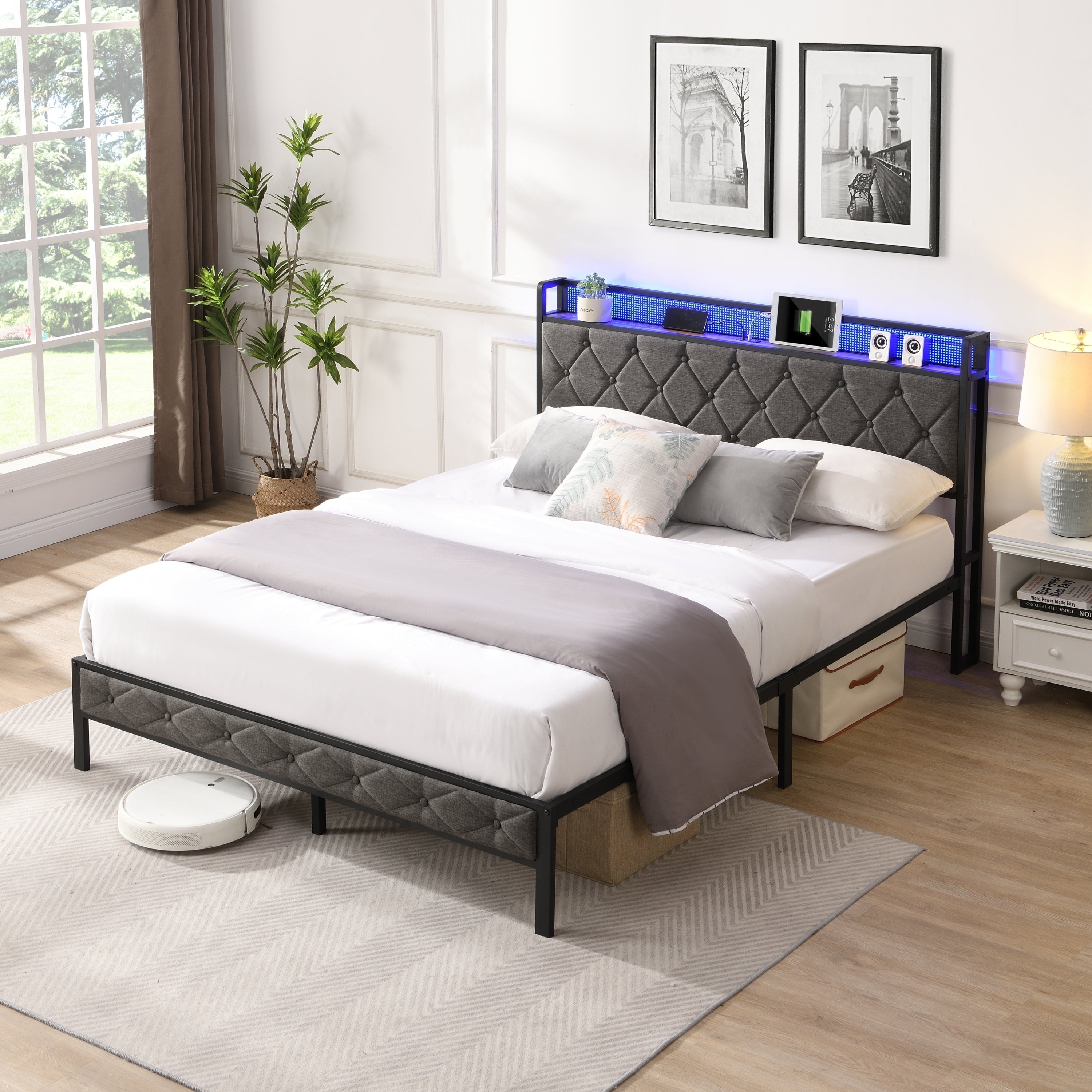 HAOYYE Full Bed Frame with Storage Headboard, Charging Station and LED Lights, Upholstered Platform Bed with Heavy Metal Slats, No Box Spring Needed, Noise Free, Easy Assembly, Dark Gray Sturdy Space-Saving