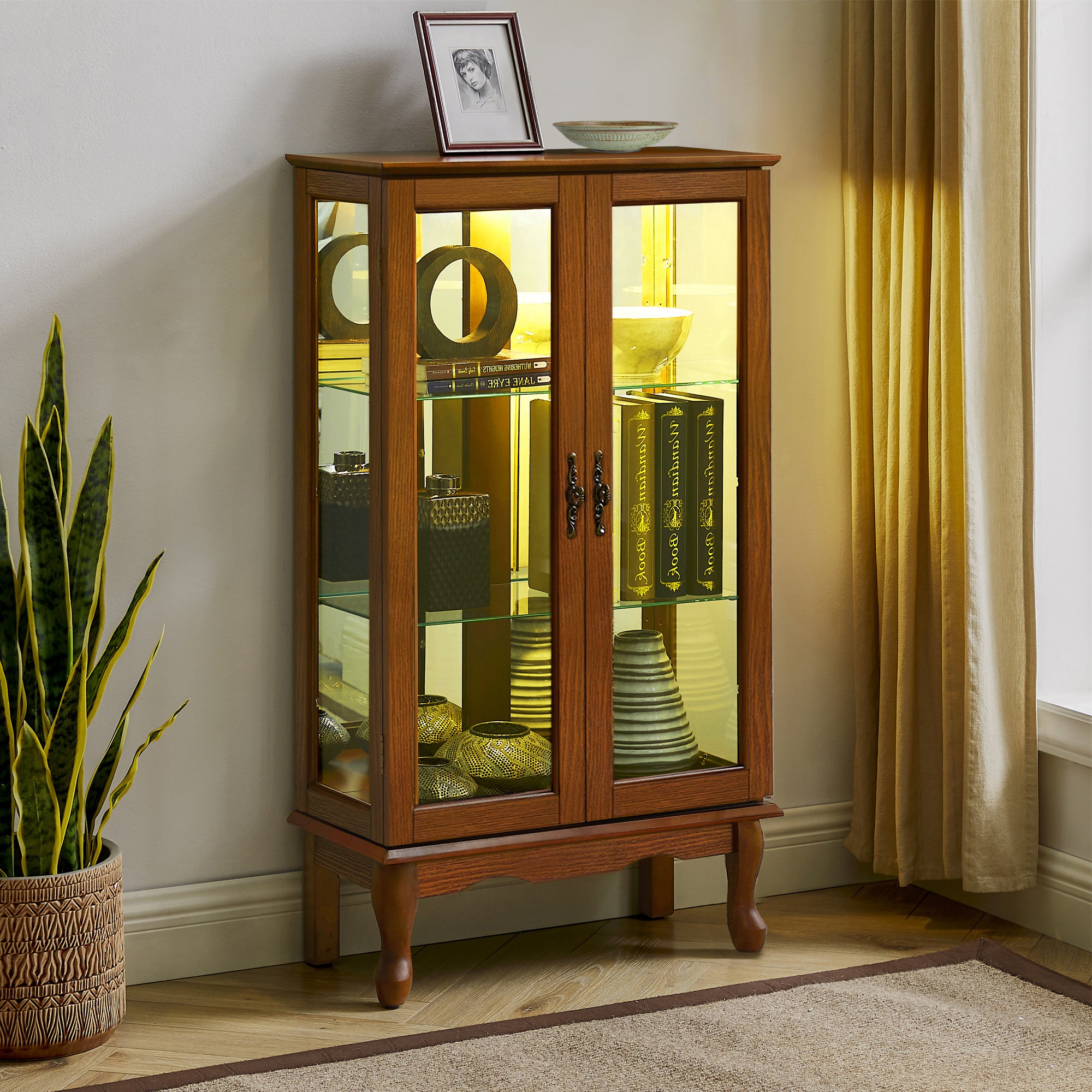 HAOYYE Curio Cabinet with Integrated Lighting and Adjustable Shelves Featuring a Mirrored Back Panel and Tempered Glass Doors in Oak Finish for Displaying Collectibles and Home Decor with Sturdy, Space Saving, Heavy Duty Construction