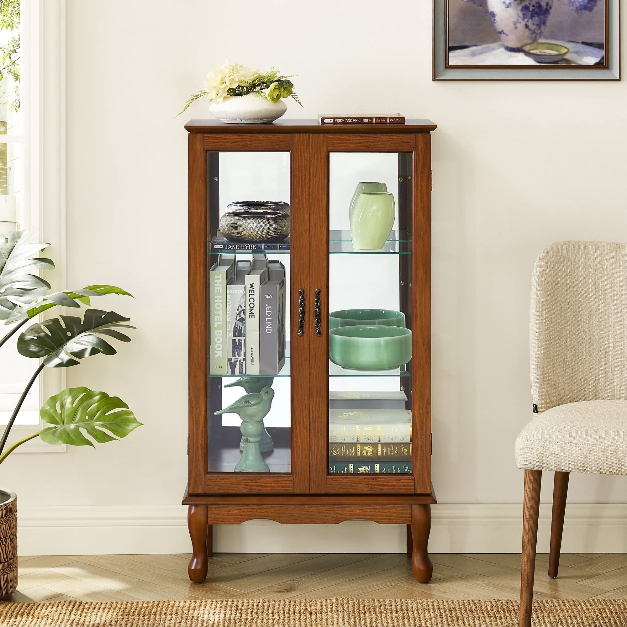 HAOYYE Curio Cabinet with Integrated Lighting and Adjustable Shelves Featuring a Mirrored Back Panel and Tempered Glass Doors in Oak Finish for Displaying Collectibles and Home Decor with Sturdy, Space Saving, Heavy Duty Construction