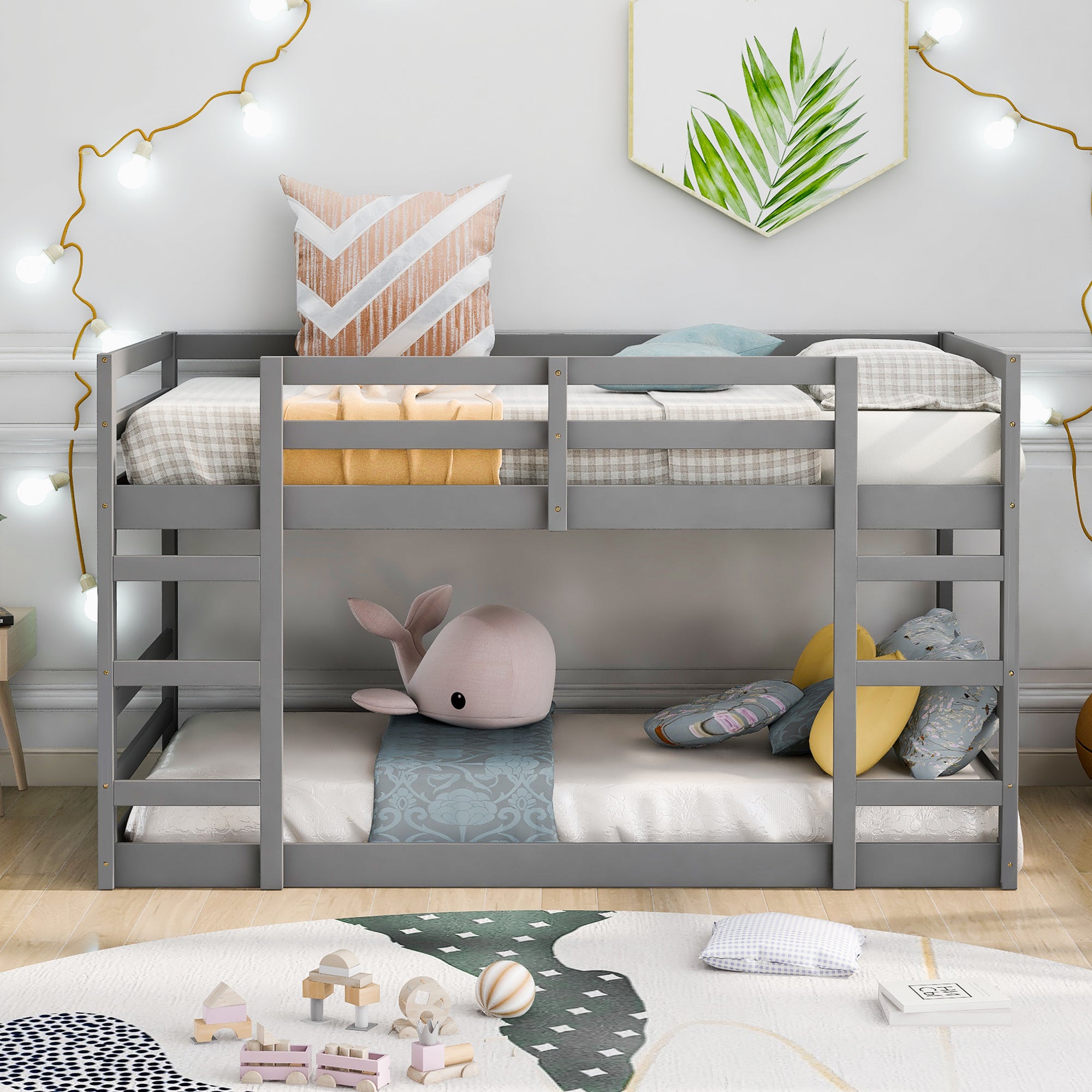 HAOYYE Twin Over Twin Bunk Bed with Ladder, Gray（OLD SKU：WF282787AAE） Sturdy Space-Saving Heavy Duty Modern Design Adults Dorm Room Easy Assembly Bedroom Furniture
