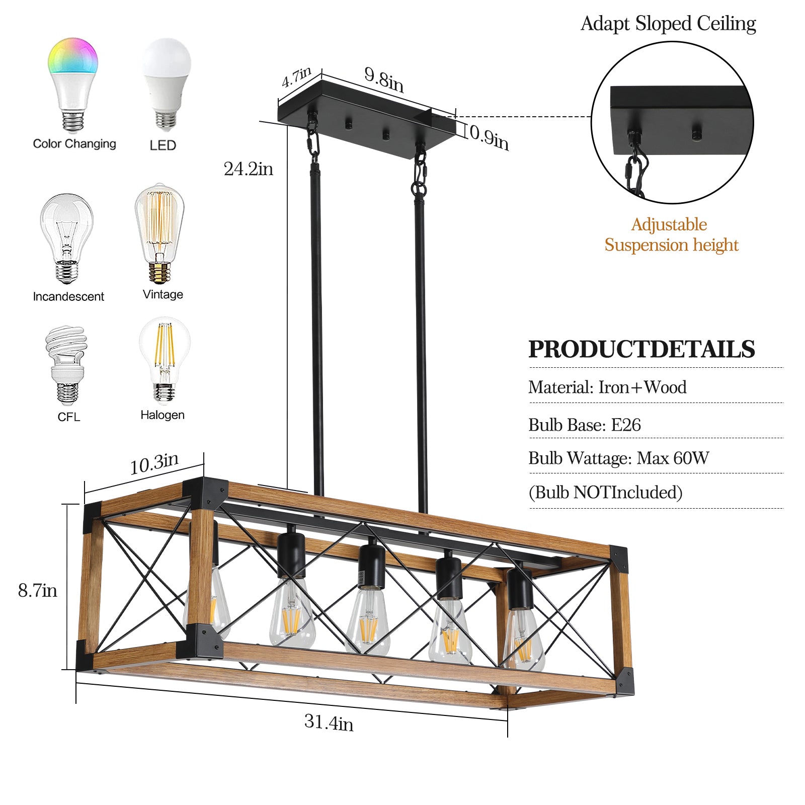 HAOYYE 5-Light Retro Farmhouse Chandelier For Kitchen, Living room, Dining room Walnut(No Bulbs) Sturdy Space-Saving Heavy Duty Modern Design Adults Dorm Room Easy Assembly