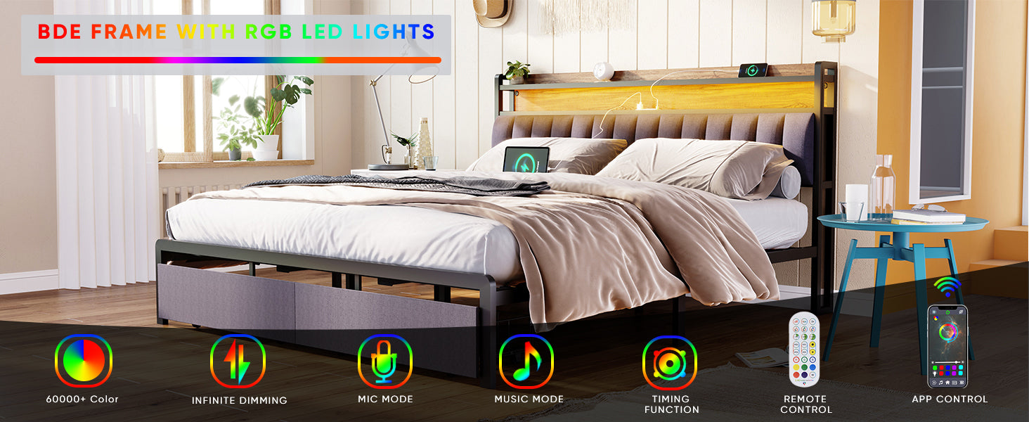 HAOYYE King Bed Frame with Storage Headboard, Drawers, LED Lighting, and Built-in Charging Station, Modern Upholstered Platform Design, Sturdy Space-Saving Grey Construction, No Box Spring Needed, Easy Assembly