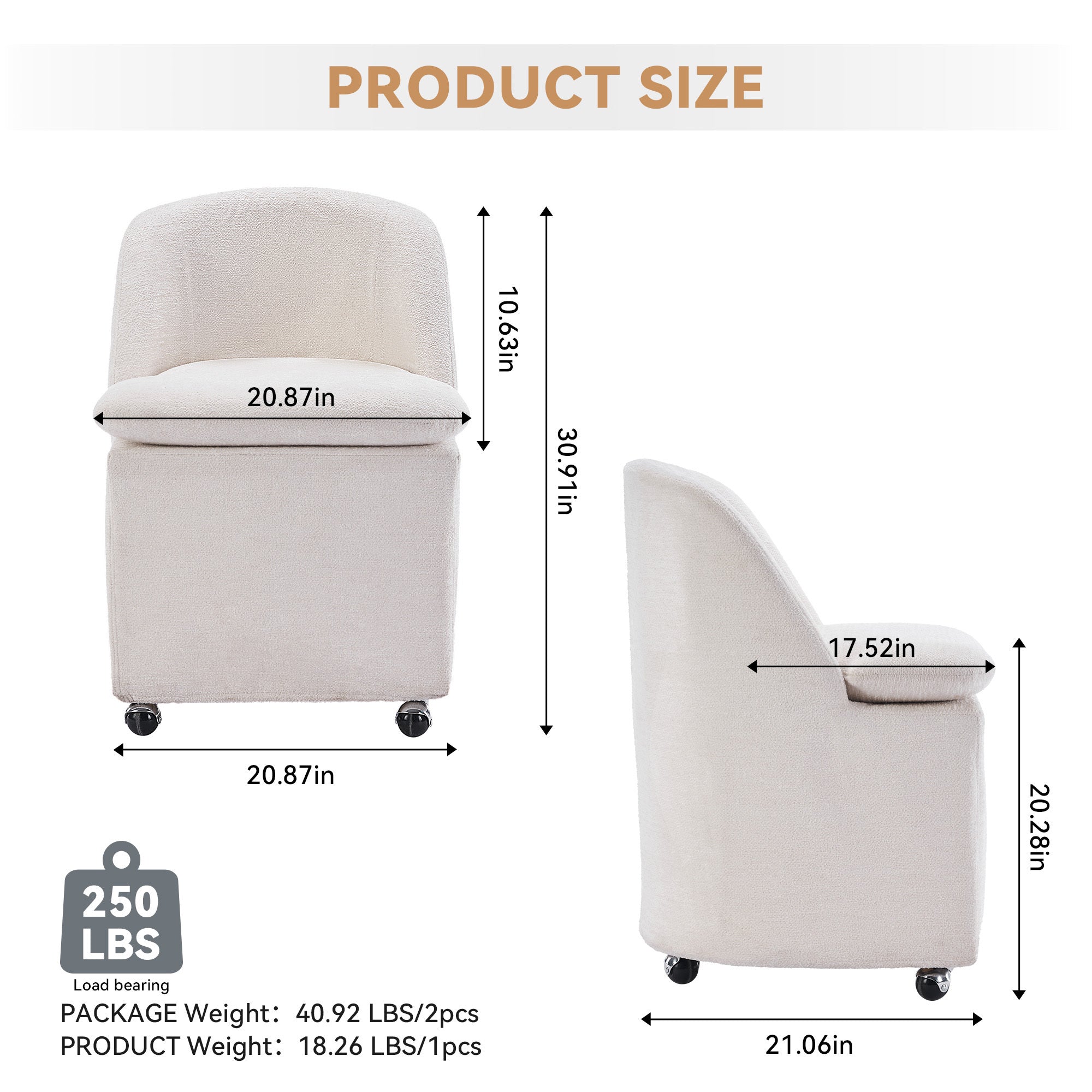 HAOYYE 058-Set of 2 Chenille Fabric Dining Chairs With Universal Wheels,Beige Sturdy Space-Saving Heavy Duty Modern Design Adults Dorm Room Easy Assembly Bedroom Furniture