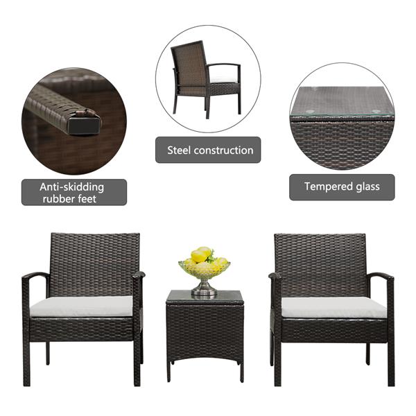 HAOYYE 3-Piece Rattan Patio Conversation Set with 2 Armchairs and Square Glass Coffee Table, PE Wicker Outdoor Sofa Set with Cushions,Porch, Backyard, Balcony