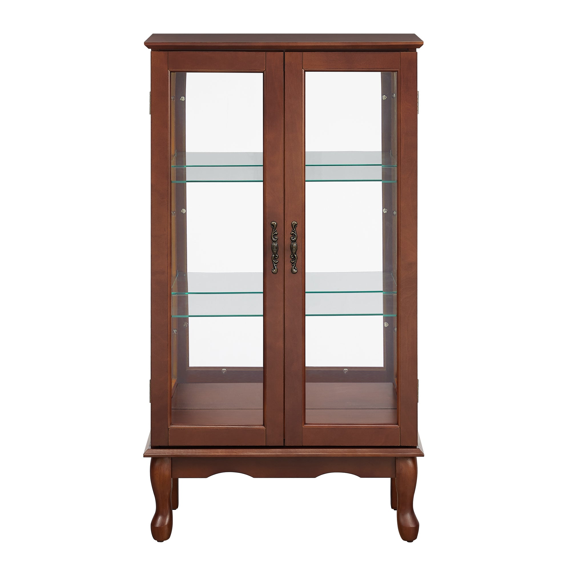 HAOYYE Lighted Curio Cabinet With Adjustable Shelves, Mirrored Back Panel, Tempered Glass Doors, Walnut Finish, 3 Tier Sturdy Space-Saving Heavy Duty Display Case For Living Room, Dining Room, Office