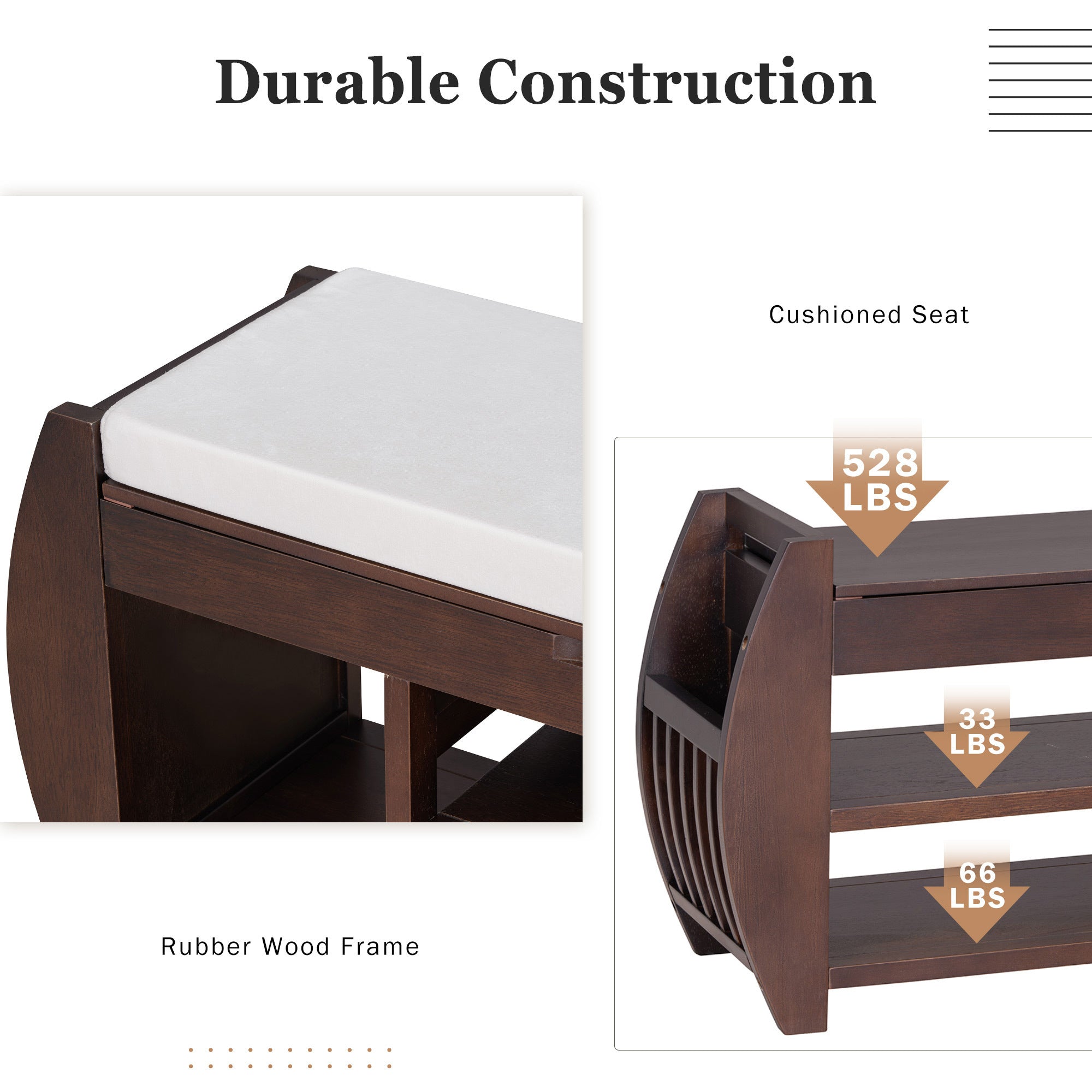 HAOYYE Retro Multifunctional Storage Bench with Cushion and Curved Side Panel for Entrance and Living Room (Espresso) Sturdy Space-Saving Heavy Duty Modern Design Easy Assembly Durable Stylish