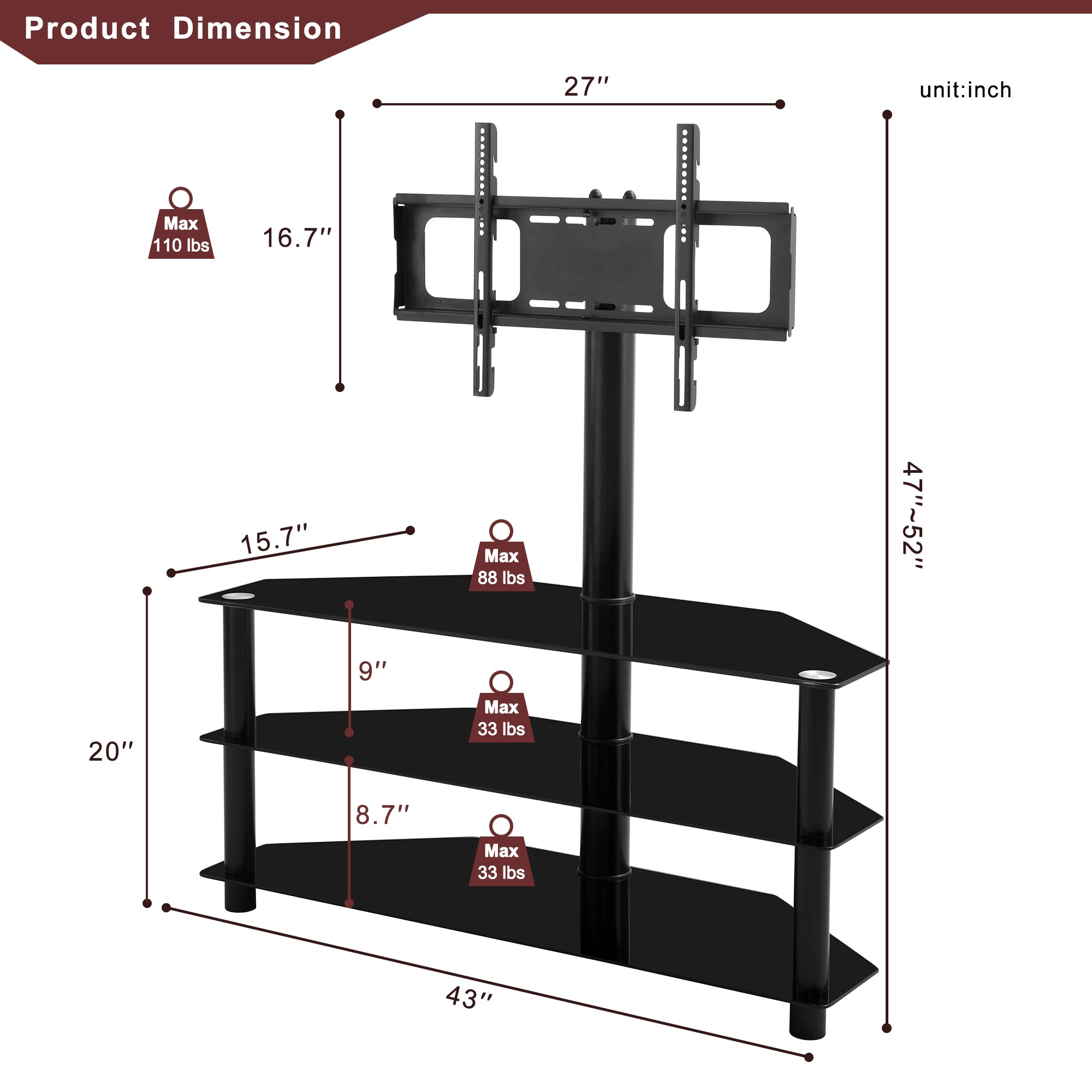 HAOYYE Black Adjustable TV Stand, Swivel Bracket, Tempered Glass Shelves, Space-Saving, Durable, Stylish, Modern Design for Living Room, Bedroom, or Office