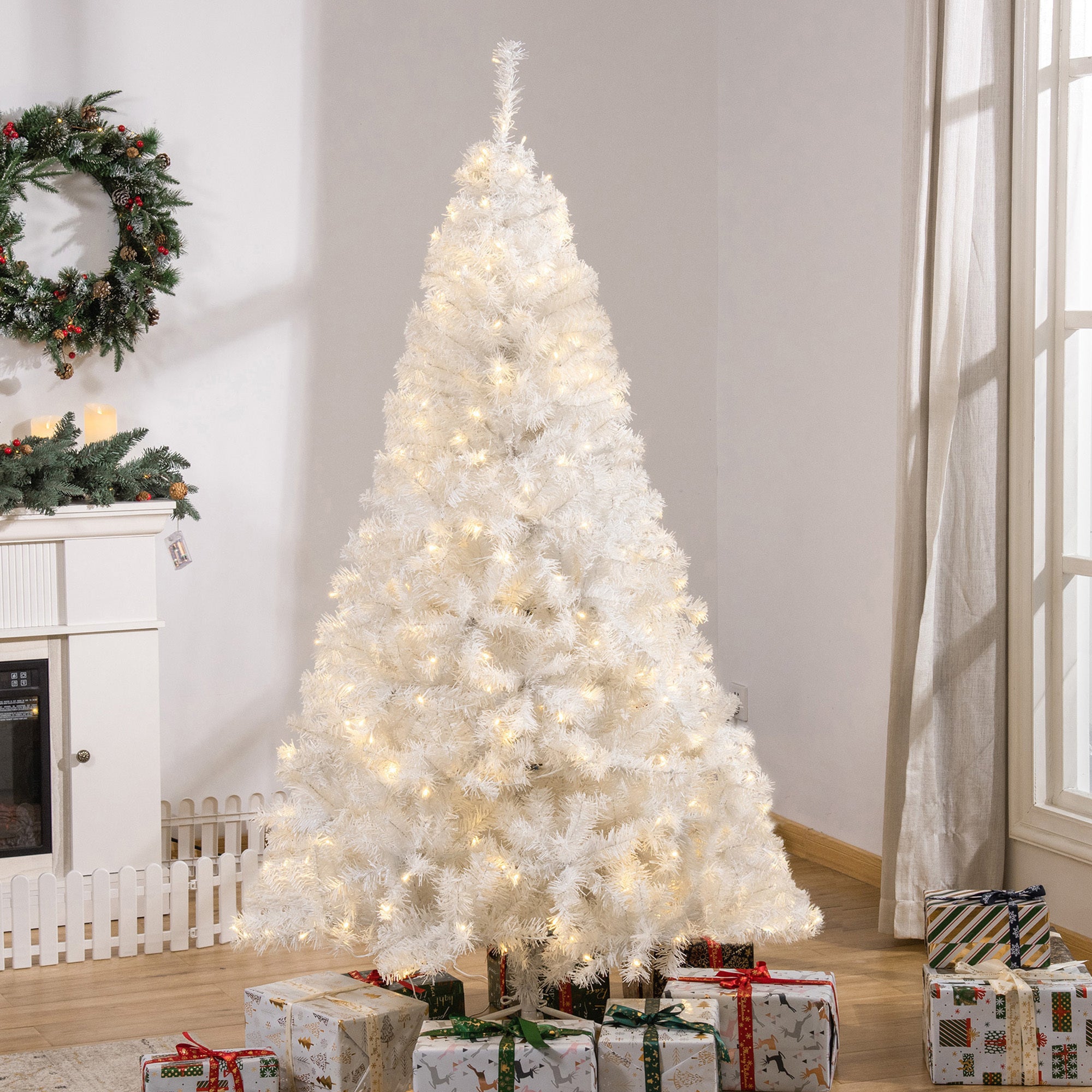 HAOYYE 6' Tall Prelit Christmas Tree Douglas Fir Artificial Christmas Tree with Realistic Branches, 250 Warm White LED Lights and 1000 Tips, White Sturdy Space-Saving Heavy Duty Modern Design