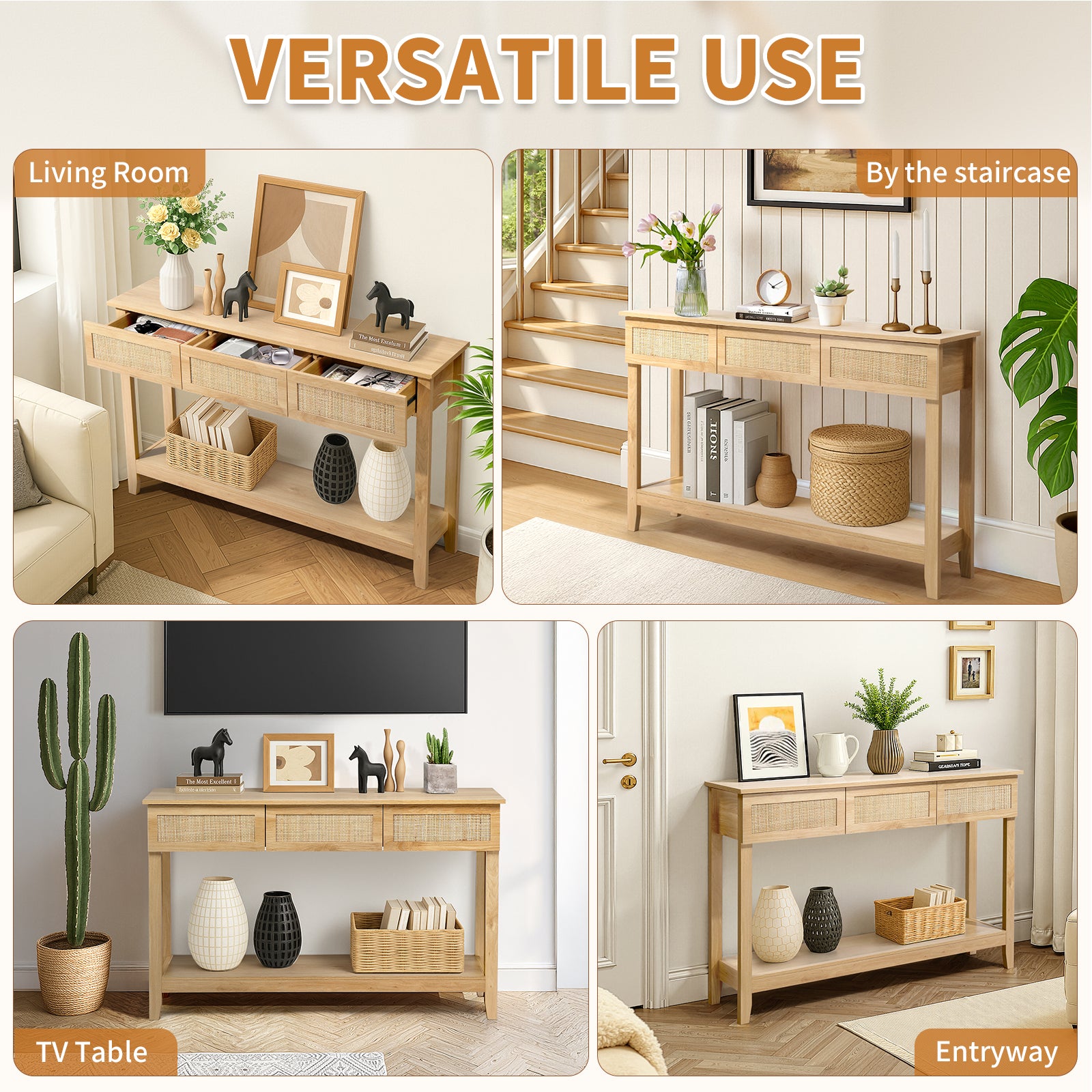 HAOYYE Natural Wood Boho Style Rattan Console Table with 3 Drawers and Open Storage Shelf, Narrow Entryway Sofa Table for Hallway Foyer Behind Couch, Rustic Farmhouse Accent Table