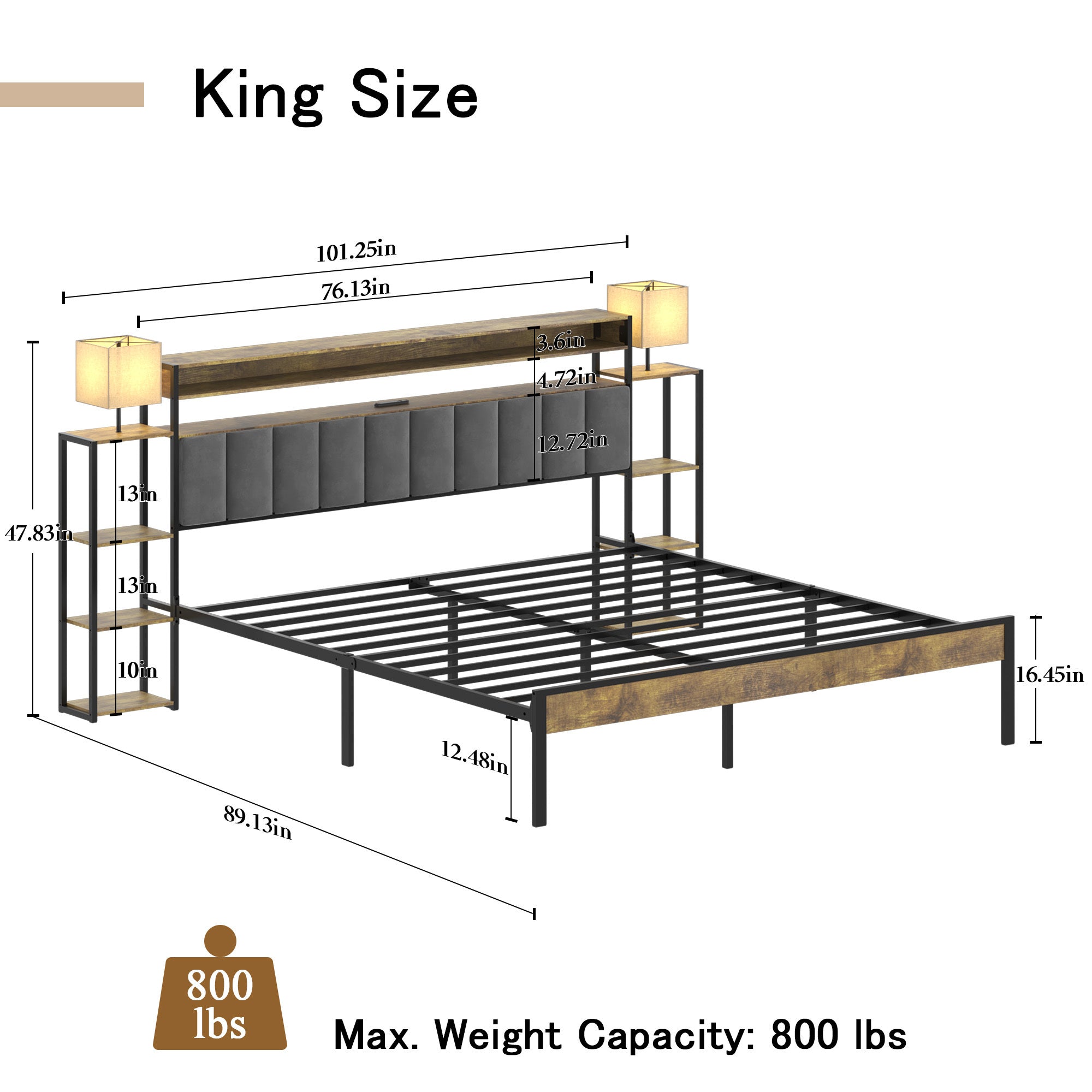HAOYYE King Bed Frame with Storage, Platform Bed King Size with LED Lights and Charging Station, Dark gray velvet Headboard with Bookcase Shelves, No Box Spring Needed, Noise Free Sturdy Space-Saving