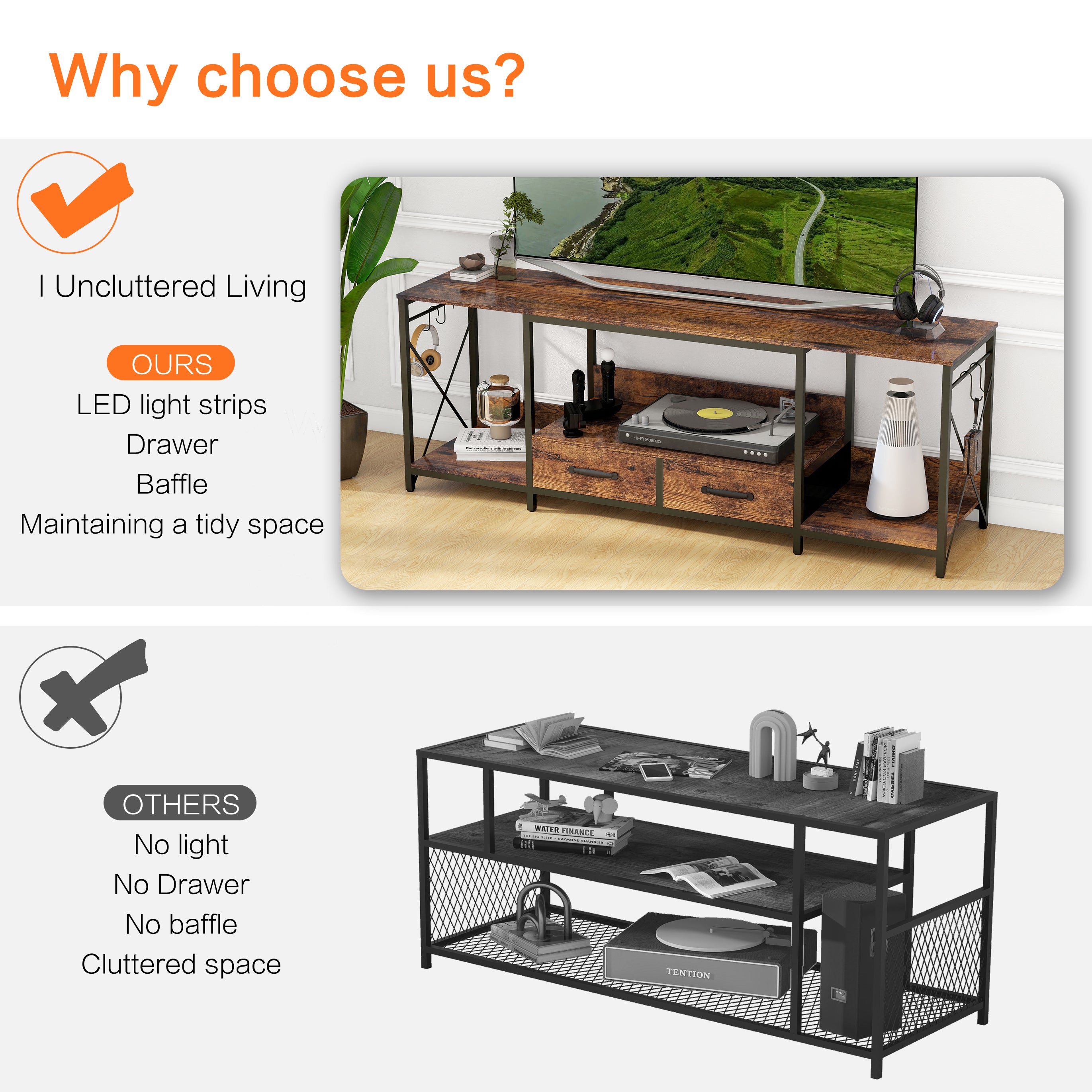 HAOYYE TV Stand with LED Lights and Power Outlets, TV Console with Fabric Drawers for 65-75 Inch TVs, Industrial Entertainment Center with Open Storage Shelves, Modern TV Stand for Living Room, Bedroom