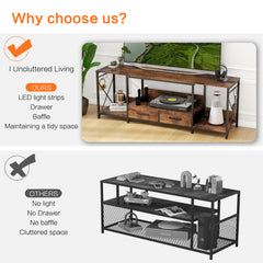 HAOYYE TV Stand with LED Lights and Power Outlets, TV Console with Fabric Drawers for 65-75 Inch TVs, Industrial Entertainment Center with Open Storage Shelves, Modern TV Stand for Living Room, Bedroom