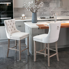 HAOYYE Contemporary Velvet Upholstered Barstools with Button Tufted Decoration and Wooden Legs, and Chrome Nailhead Trim, Leisure Style Bar Chairs,Bar stools, Set of 2 (Beige),SW2002BG Sturdy Space-Saving