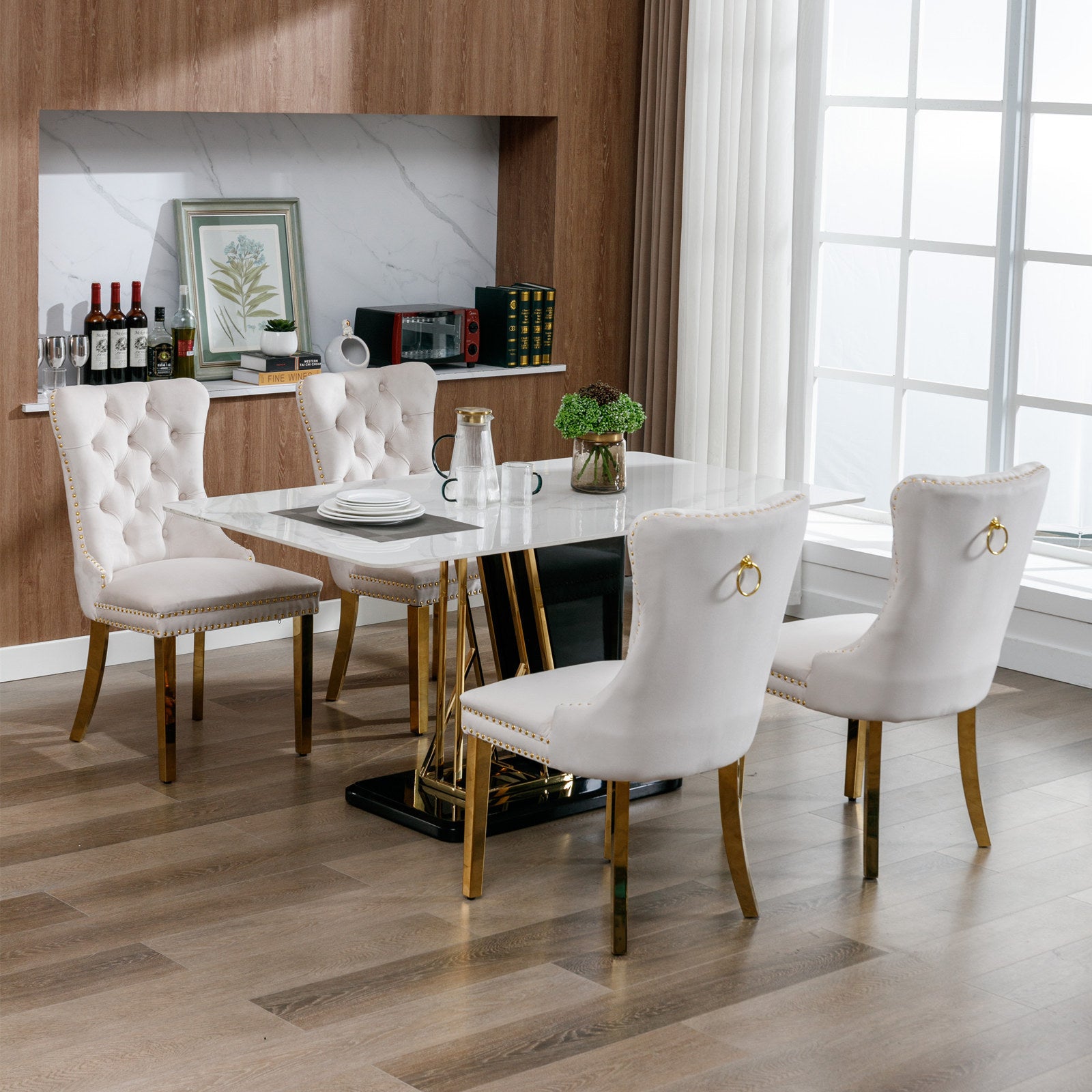 HAOYYE High-end Tufted Solid Wood Contemporary Velvet Upholstered Dining Chair with Golden Stainless Steel Plating Legs,Nailhead Trim,Set of 2,Beige and Gold, SW1601BG