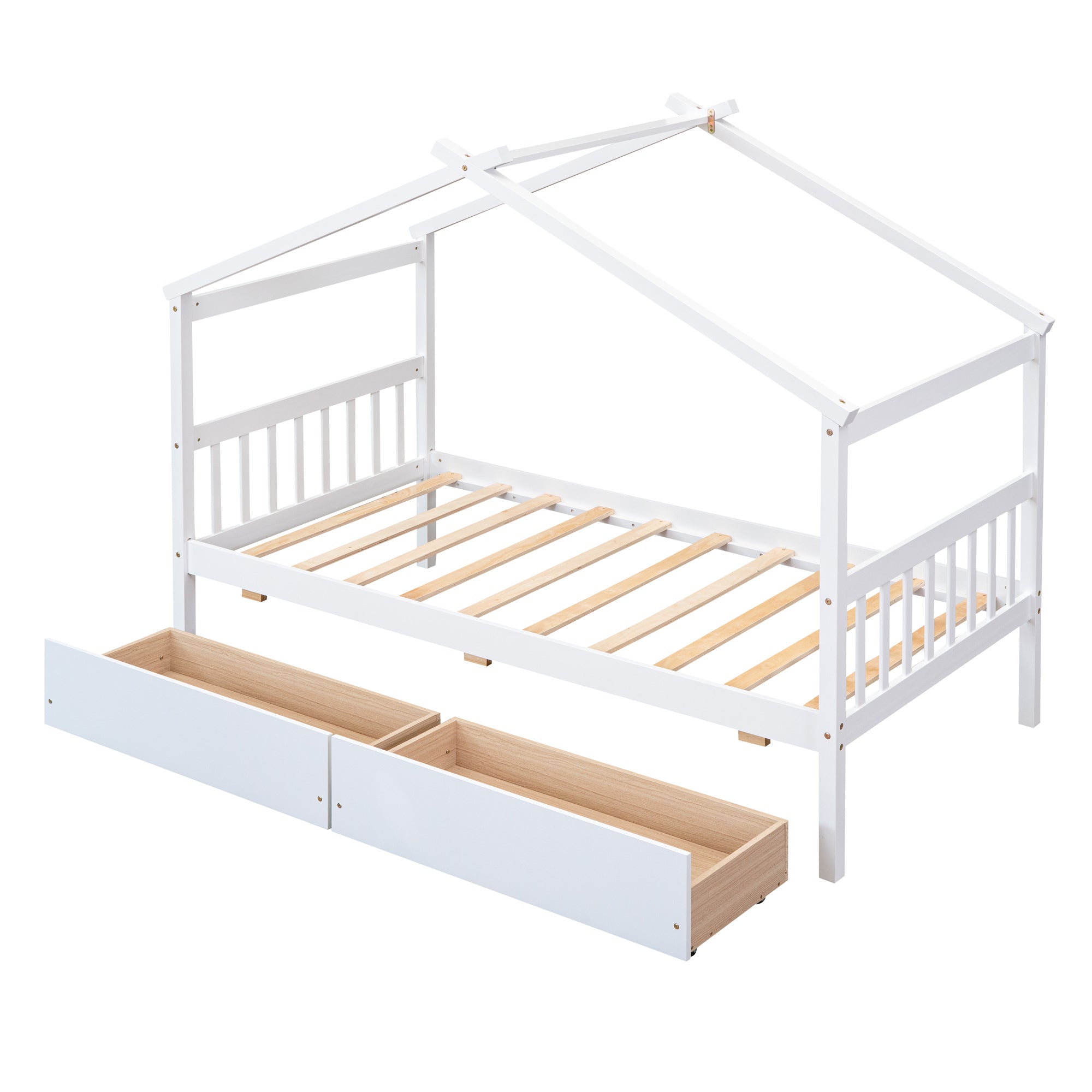 HAOYYE Twin Size Wooden House Bed Frame With Drawers, White, Space-Saving Heavy Duty Modern Design For Adults And Dorm Rooms, Easy Assembly Bedroom Furniture