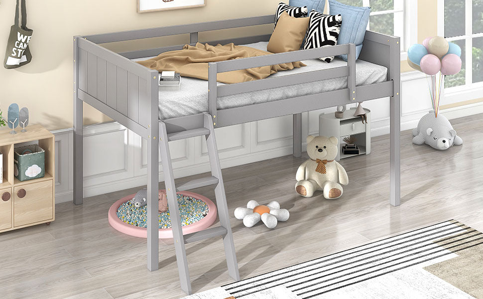 HAOYYE Twin Size Wood Low Loft Bed with Ladder, ladder can be placed on the left or right, Gray Sturdy Space-Saving Heavy Duty Modern Design Adults Dorm Room Easy Assembly Bedroom Furniture