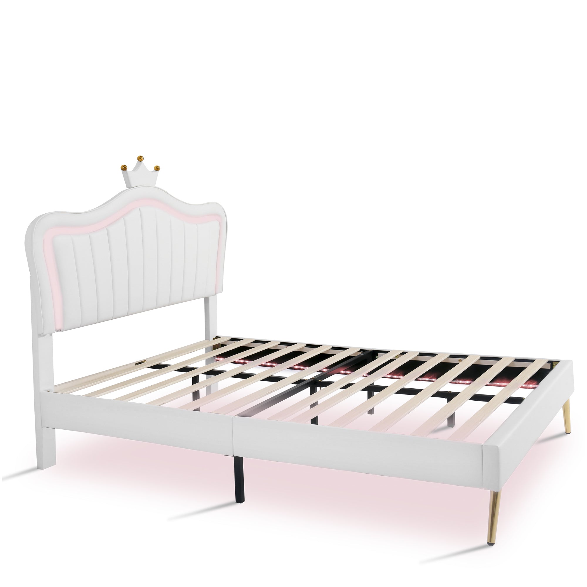 HAOYYE Full Size Upholstered Bed Frame with LED Lights,Modern Upholstered Princess Bed With Crown Headboard,White Sturdy Space-Saving Heavy Duty Modern Design Adults Dorm Room Easy Assembly