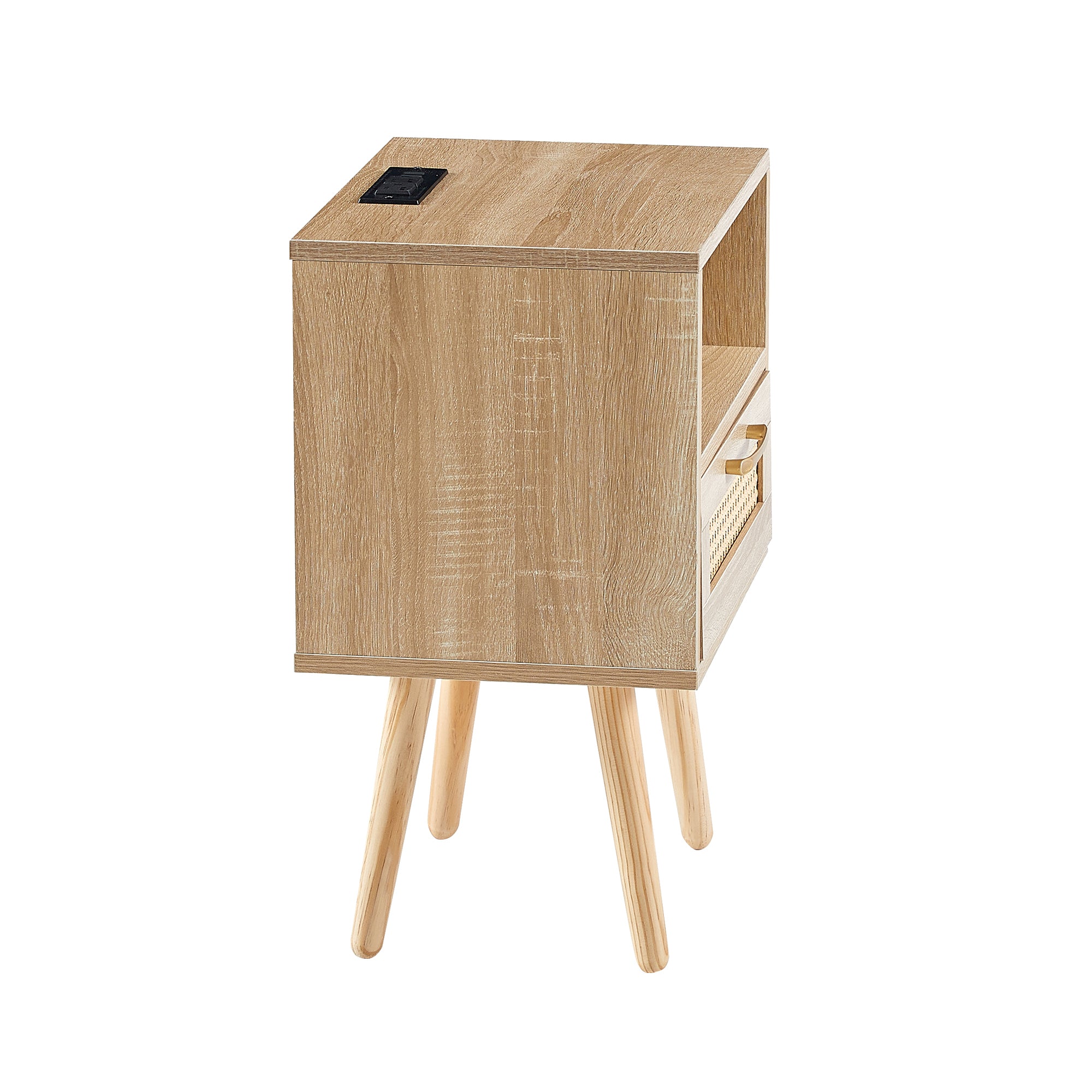 HAOYYE Rattan End Table with Power Outlet & USB Ports, Modern Nightstand with Drawer and Solid Wood Legs, Natural, Sturdy Space-Saving Design, Heavy Duty Construction, Stylish and Durable Home Furniture for Living Room or Bedroom