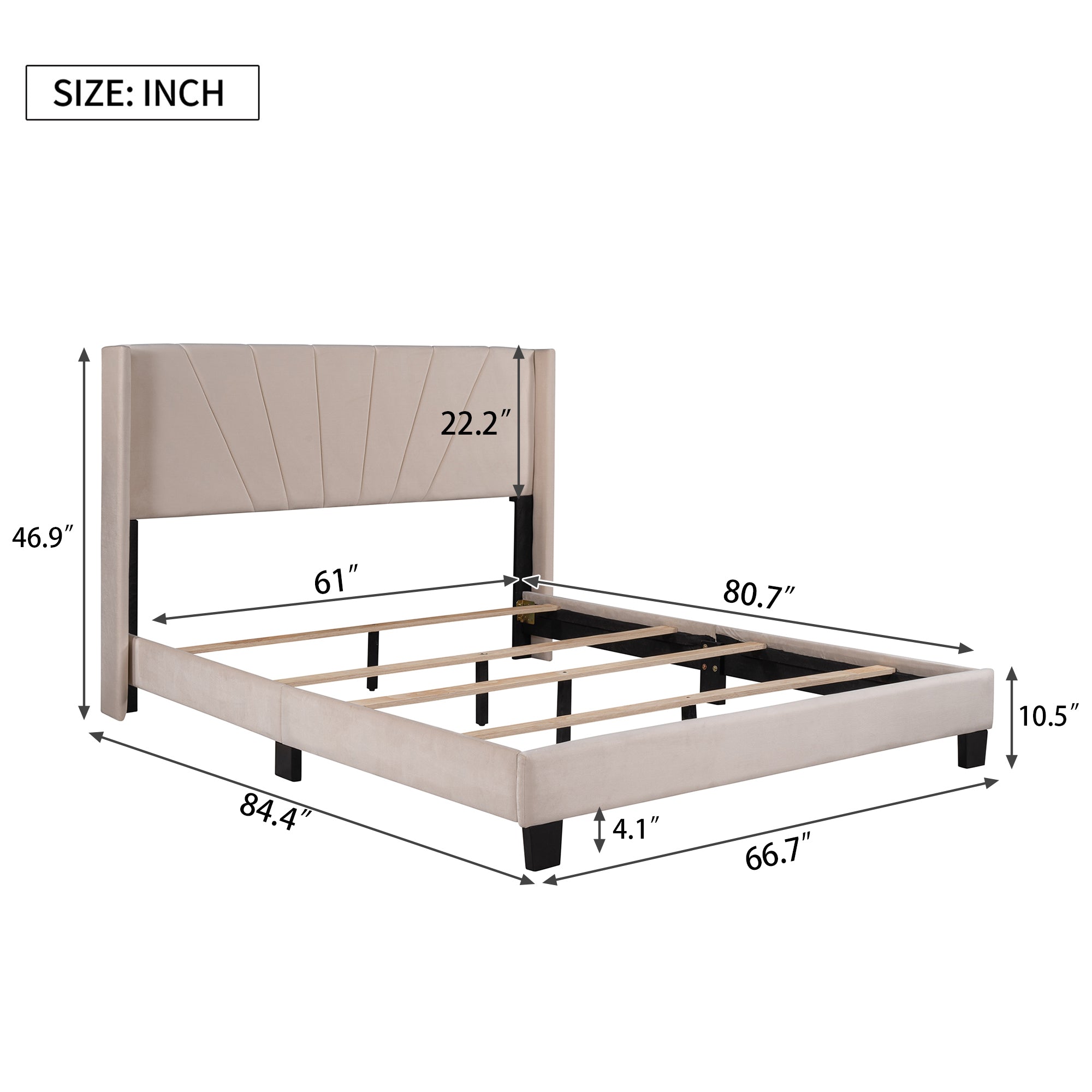 HAOYYE Queen Size Velvet Upholstered Platform Bed, Box Spring Needed - Beige Sturdy Space-Saving Heavy Duty Modern Design Adults Dorm Room Easy Assembly Bedroom Furniture
