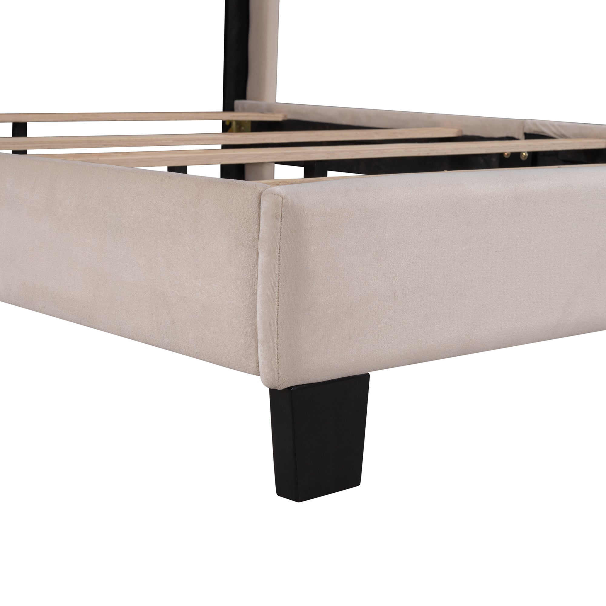 HAOYYE Queen Size Velvet Upholstered Platform Bed, Box Spring Needed - Beige Sturdy Space-Saving Heavy Duty Modern Design Adults Dorm Room Easy Assembly Bedroom Furniture