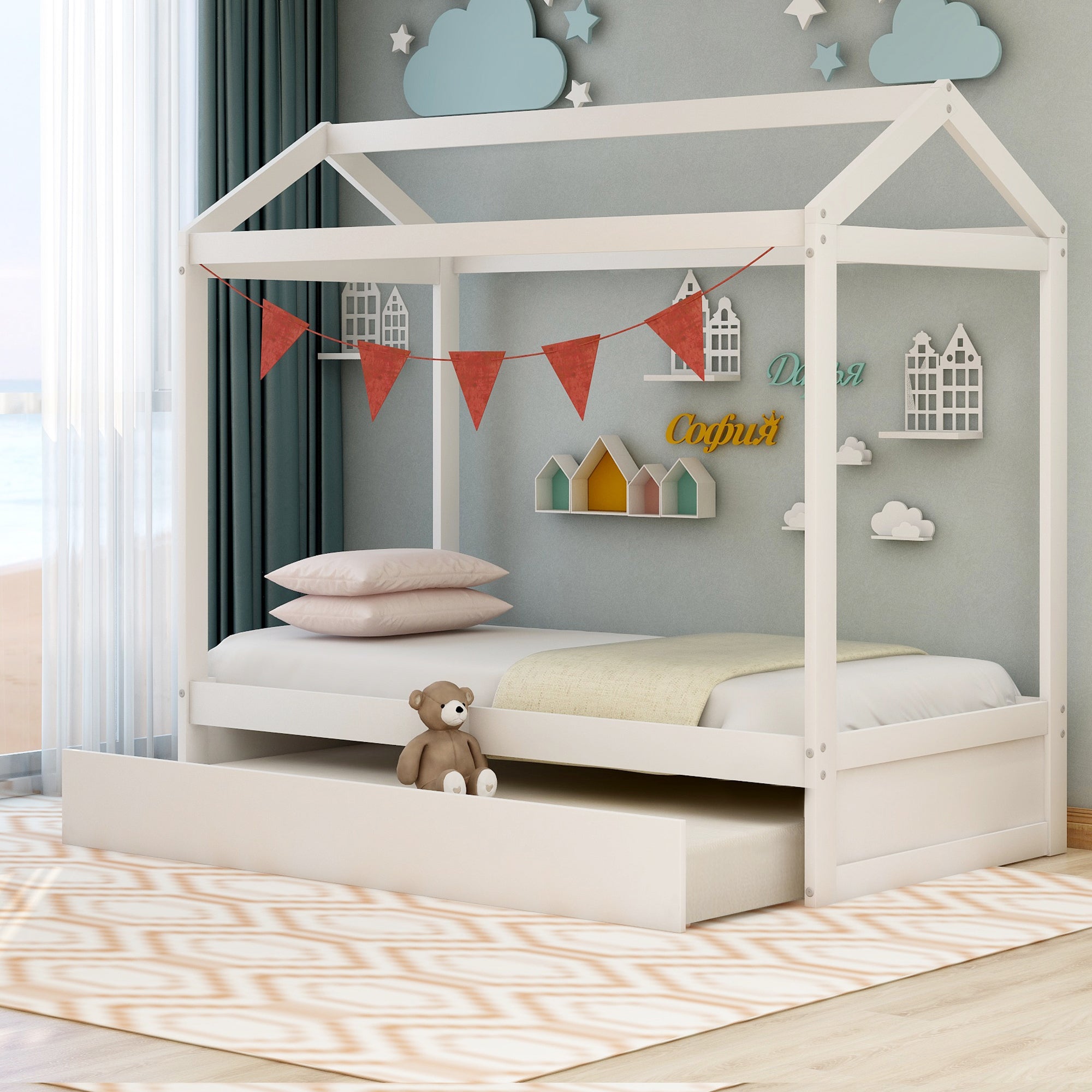 HAOYYE House Bed with Trundle, can be Decorated,White(Old SKU:SM000103AAK) Sturdy Space-Saving Heavy Duty Modern Design Adults Dorm Room Easy Assembly Bedroom Furniture
