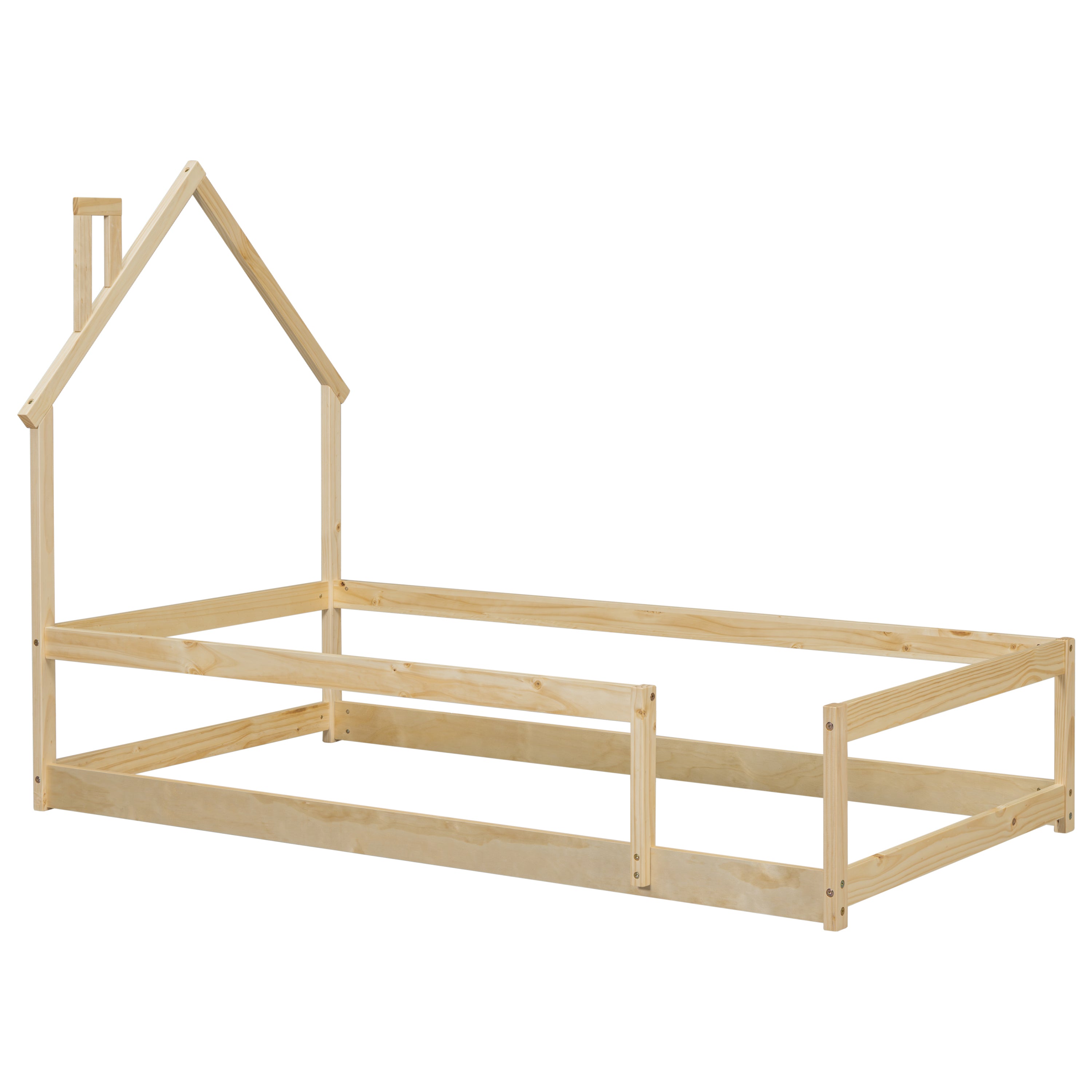 Haoyye Twin Size Wood Bed with House-Shaped Headboard, Floor Bed Frame with Fences and Guardrails, Low Platform Design for Bedroom or Dorm, Sturdy Pine Construction, Space-Saving and Heavy Duty, Easy Assembly, Ideal for Cozy Sleeping Spaces