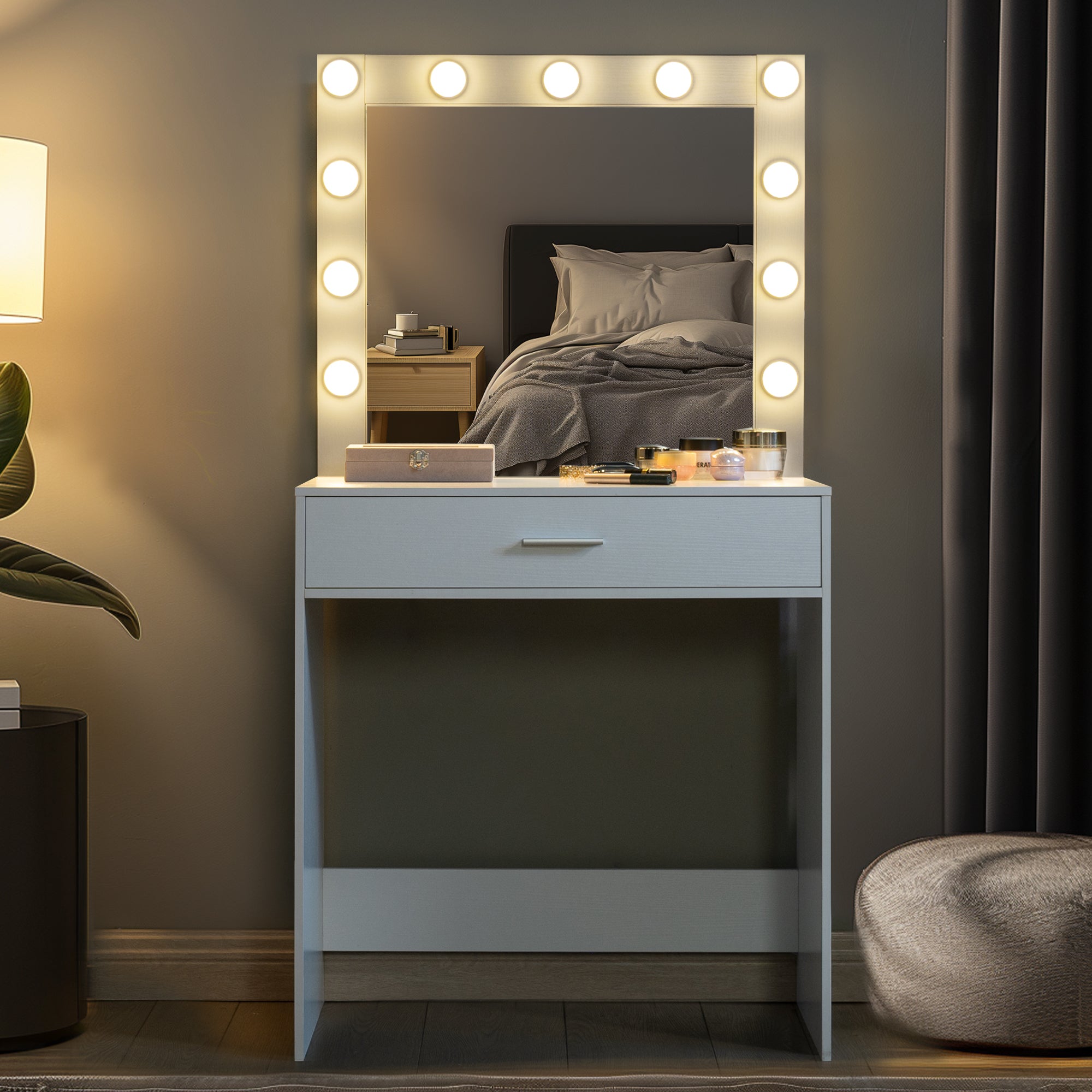 HAOYYE Vanity Desk with Mirror and Lights, Dressing Table with Large Drawer, 1 Level Storage Dresser & 3 Lighting Modes Adjustable Brightness, Suitable for Bedroom(White)