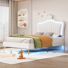 HAOYYE Twin Size Upholstered Bed Frame with LED Lights, Modern Upholstered Princess Bed With Crown Headboard,White Sturdy Space-Saving Heavy Duty Modern Design Adults Dorm Room Easy Assembly