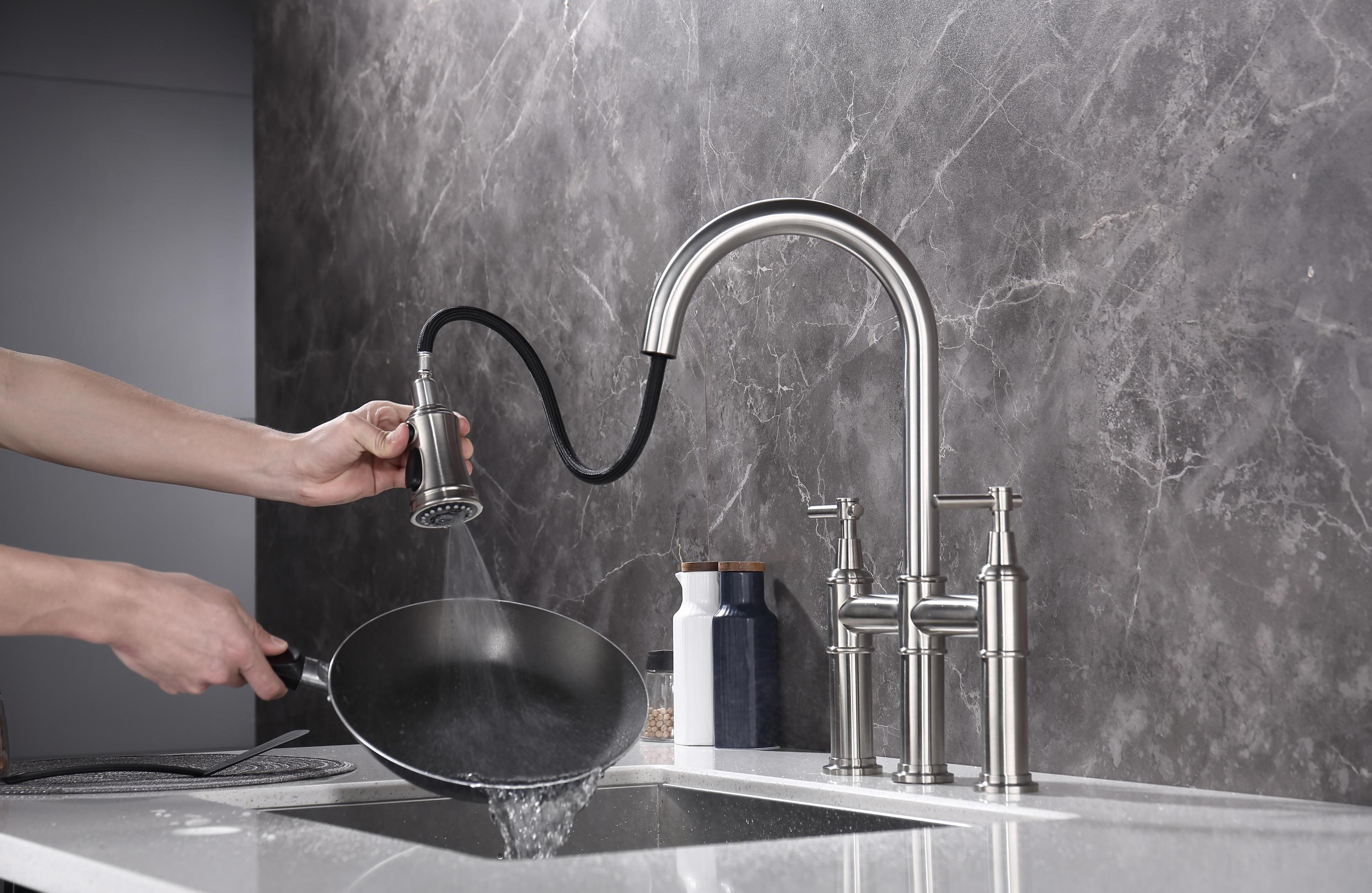 HAOYYE Bridge Kitchen Faucet with Pull-Down Sprayhead in Spot Sturdy Space-Saving Heavy Duty Modern Design Adults Dorm Room Easy Assembly Bedroom Furniture