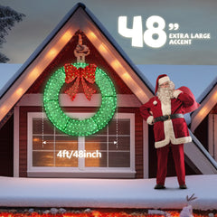 HAOYYE 48in Pre-Lit Outdoor Christmas Wreath Decoration with 315 LED Lights, Metal Holiday Decor for Home Exterior and Garden, Festive Green and Red Bow, Energy Efficient, Weather Resistant, Easy to Hang