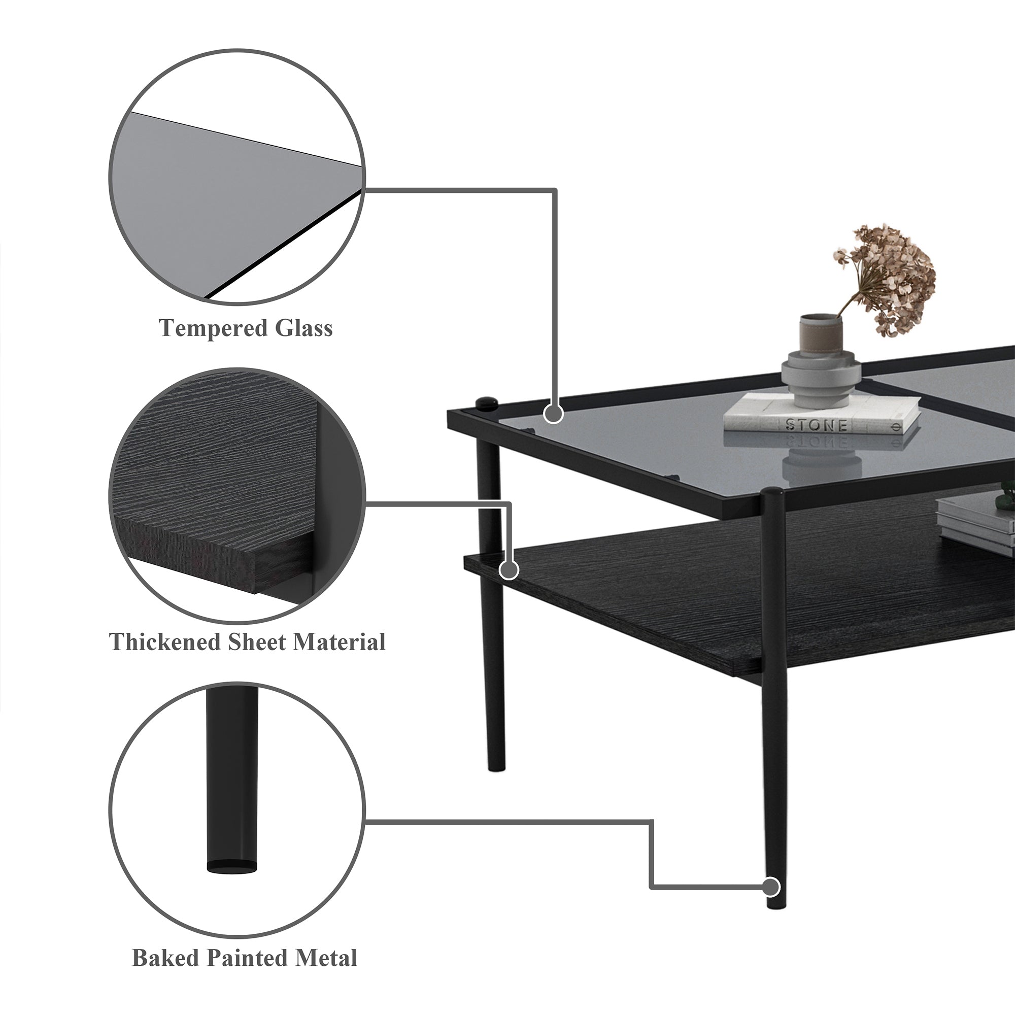 HAOYYE Rectangle Coffee Table with Gray Tempered Glass top and Black Legs,Modern Table for Living Room Sturdy Space-Saving Heavy Duty Modern Design Adults Dorm Room Easy Assembly Bedroom Furniture