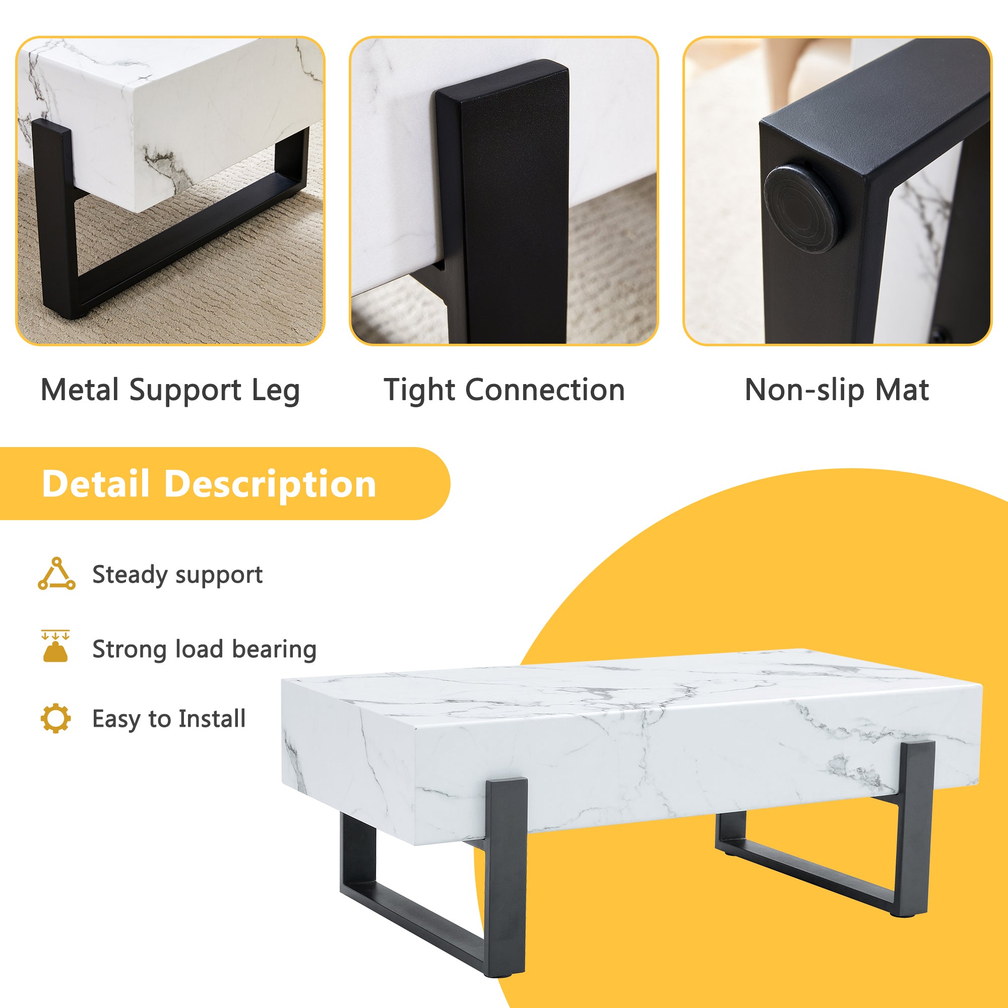 HAOYYE Black And White Minimalist MDF Coffee Table With Marble Pattern Sticker And Black Metal Leg Spray Coating, Modern And Simple Design For Living Room, Bedroom And Office, Sturdy Space-Saving Heavy Duty Furniture For Contemporary Home Decor