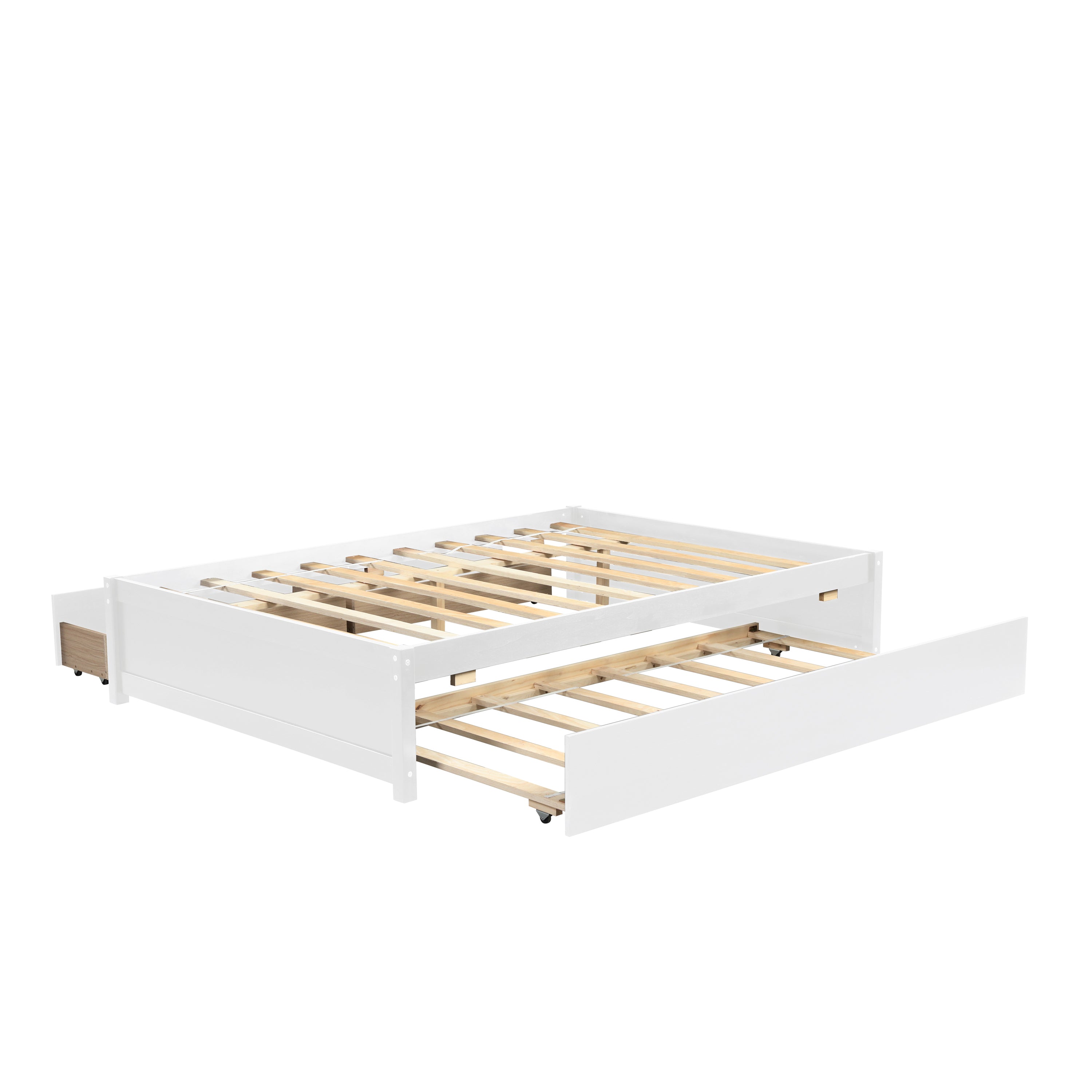 HAOYYE Full Bed with Twin Trundle and Two Drawers, White, Sturdy Space-Saving Design, Heavy Duty Construction, Easy Assembly, Durable and Stylish Home Furniture