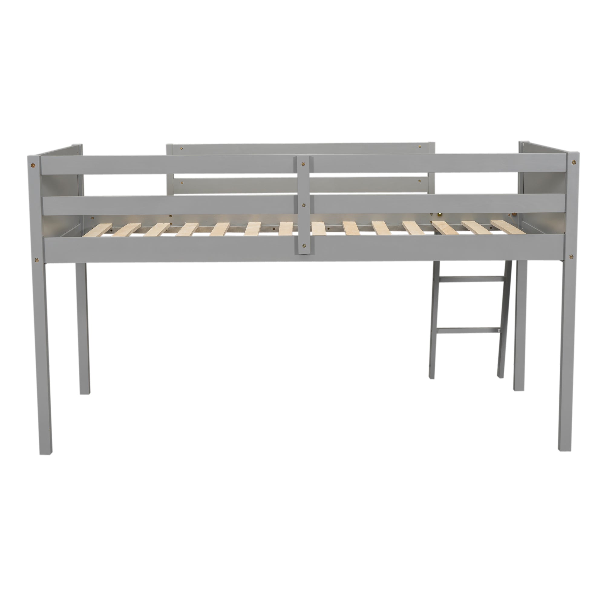 HAOYYE Twin Size Wood Low Loft Bed with Ladder, ladder can be placed on the left or right, Gray Sturdy Space-Saving Heavy Duty Modern Design Adults Dorm Room Easy Assembly Bedroom Furniture