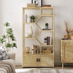 HAOYYE Rattan bookshelf 7 tiers Bookcases Storage Rack with cabinet for Living Room Home Office, Natural, 39.4'' W x 13.8'' D x 75.6'' H. Sturdy Space-Saving Heavy Duty Modern Design Adults Dorm Room