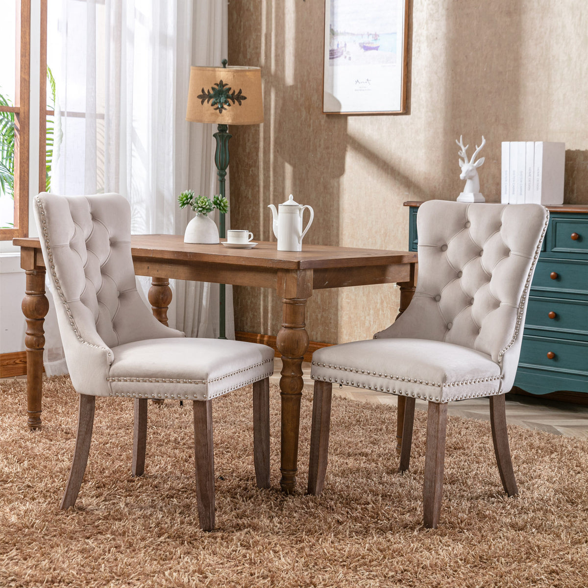 HAOYYE High-end Tufted Solid Wood Contemporary Velvet Upholstered Dining Chair with Wood Legs Nailhead Trim 2-Pcs Set,Beige, SW2001BG Sturdy Space-Saving Heavy Duty Modern Design