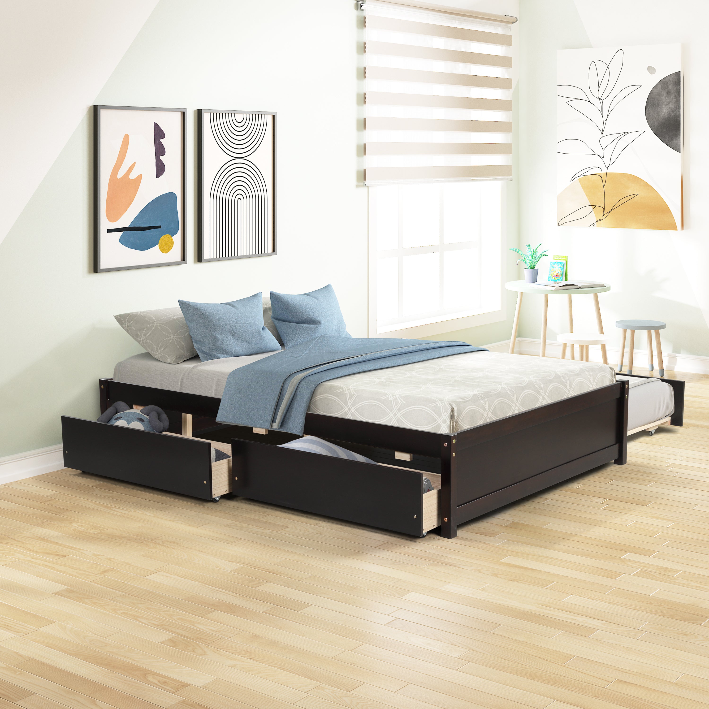 HAOYYE Full Bed With Trundle And Two Storage Drawers, Espresso Wood Platform Bed Frame, Space-Saving Heavy Duty Design, Modern Style For Bedroom Or Dorm Room, Easy Assembly