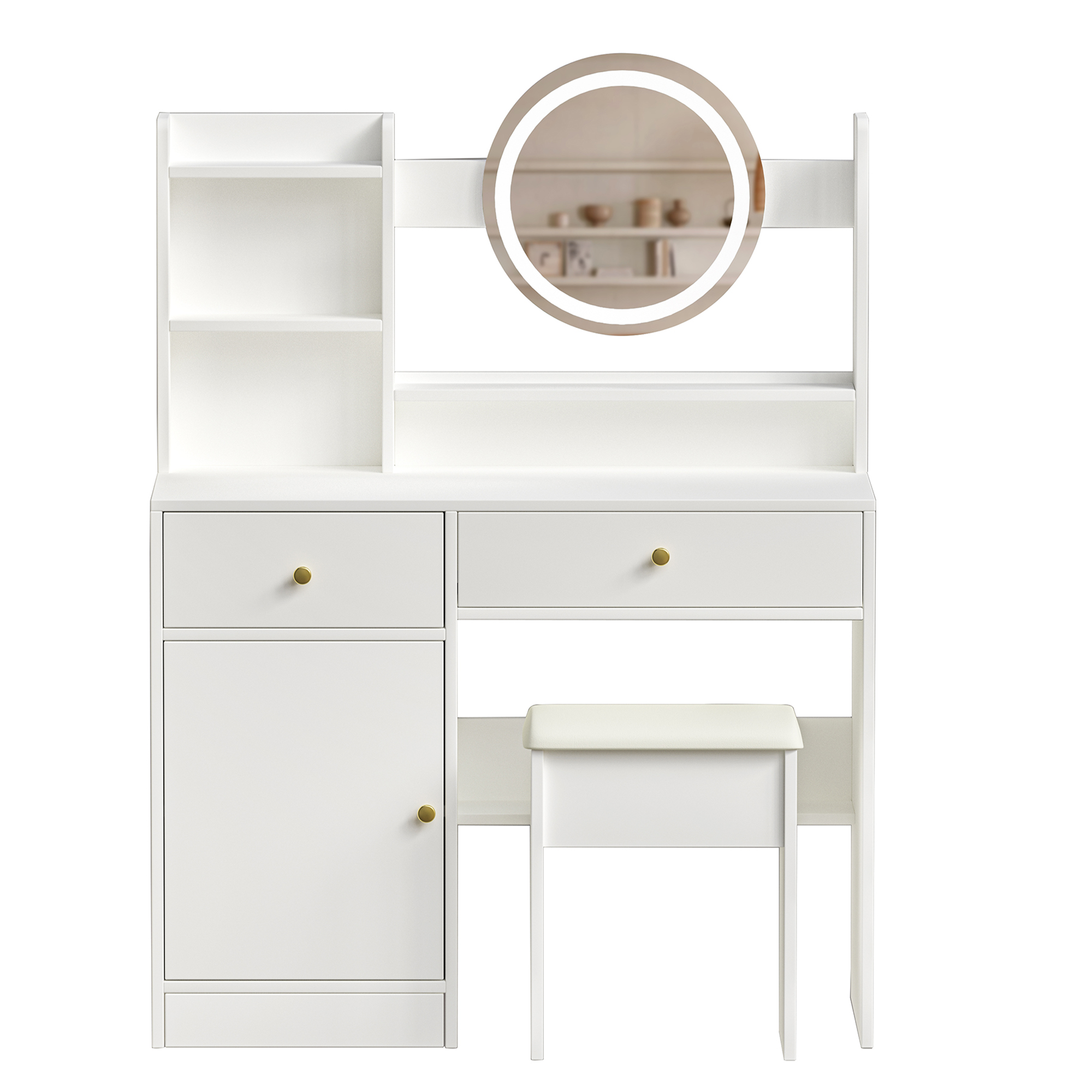 HAOYYE Fashion Vanity Desk with Mirror and Lights for Makeup and Cushioned Chair, Vanity Mirror with Lights and Table Set with 3 Color Lighting Brightness Adjustable,Dressing table, White Color Sturdy