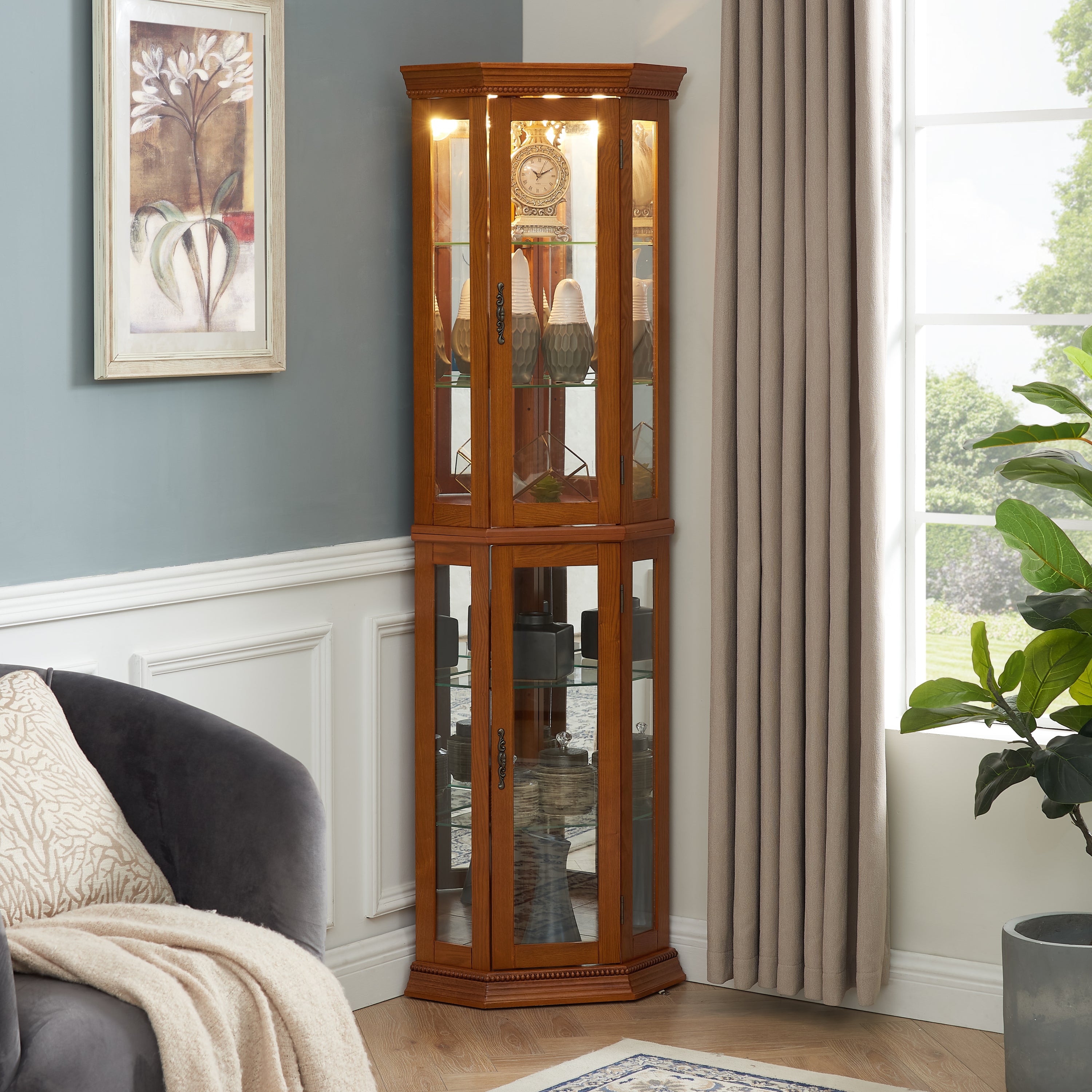 HAOYYE Corner Curio Cabinet with Lights, Adjustable Tempered Glass Shelves, Mirrored Back, Display Cabinet,Oak (E26 light bulb not included) Sturdy Space-Saving Heavy Duty Modern Design Adults Dorm Room