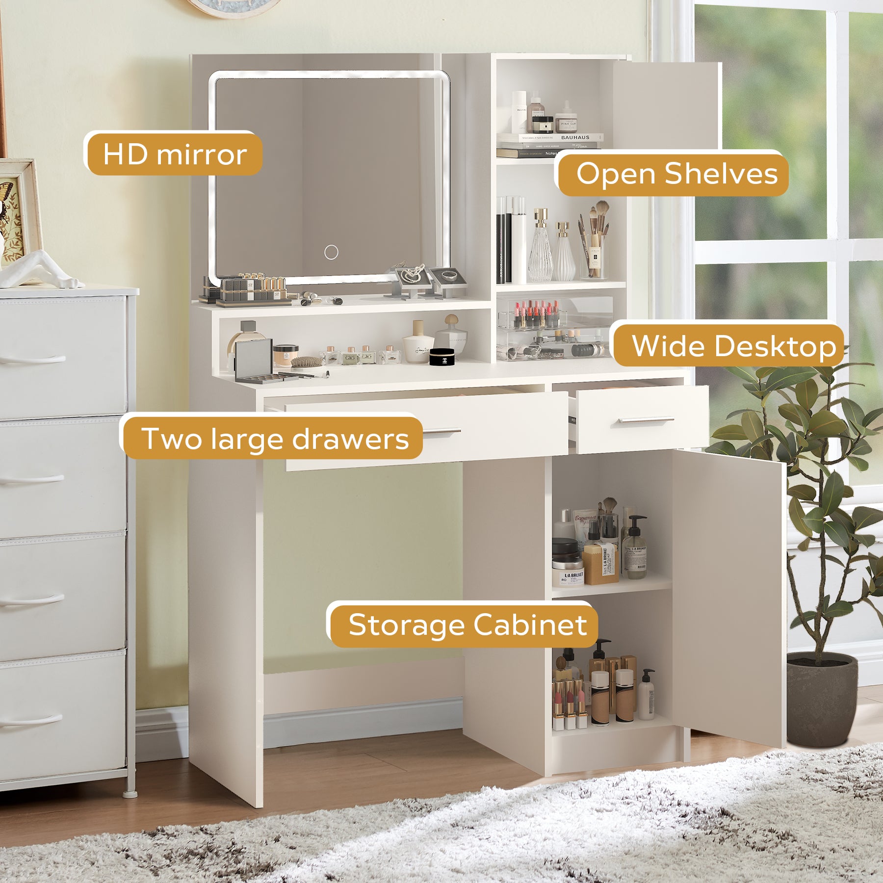 HAOYYE Vanity Desk With Mirror And LED Lighting, Dressing Table With Large Drawer And Multiple Storage Levels, 3 Lighting Modes With Adjustable Brightness, Modern White Design For Bedroom, Sturdy Space-Saving Construction