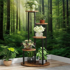 HAOYYE 5-Tier Corner Plant Stand Indoor Outdoor Metal and Wood Flower Rack Space-Saving Display Shelf for Balcony Garden Patio Living Room Rustic Brown Easy Assembly