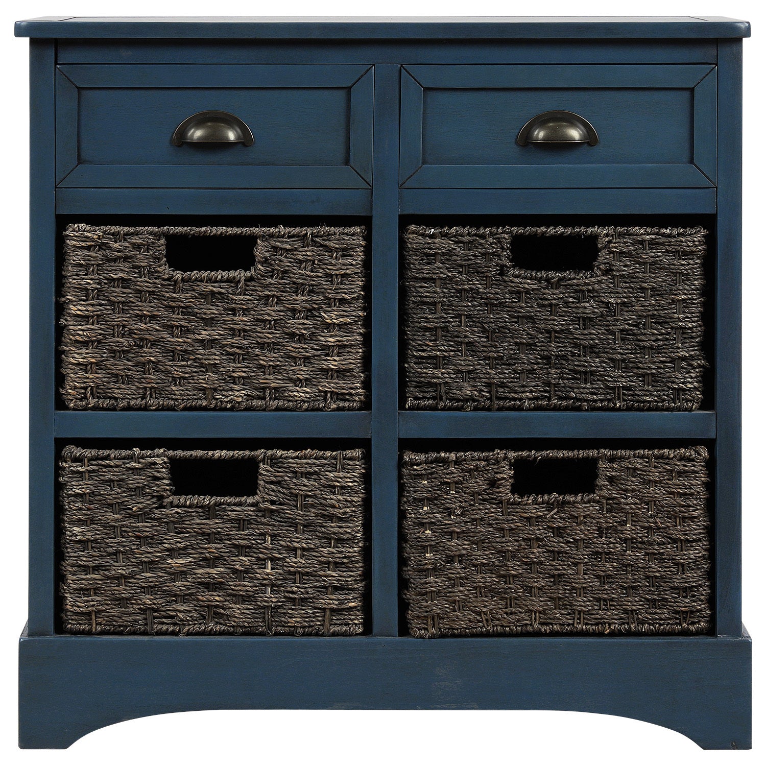 HAOYYE Rustic Storage Cabinet with Two Drawers and Four Classic Rattan Baskets for Dining Room, Entryway, or Living Room, Antique Navy, Sturdy Space-Saving Design, Heavy Duty Construction, Easy Assembly, Durable and Stylish Home Furniture