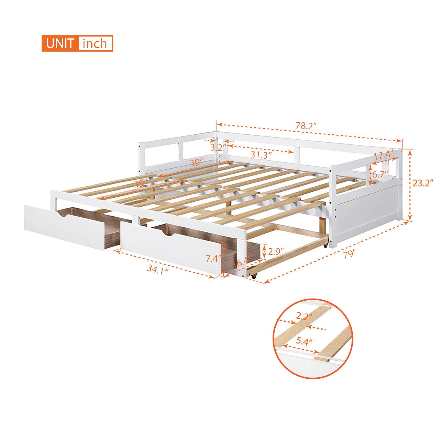 HAOYYE Wooden Daybed with Trundle and Storage Drawers, Extendable Sofa Bed for Bedroom or Living Room, White, Sturdy Space-Saving Design, Heavy Duty Construction, Easy Assembly, Durable and Stylish Home Furniture