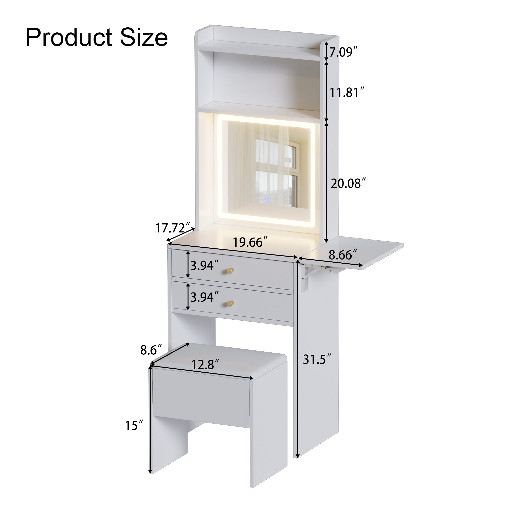 HAOYYE Small Space Vanity Table Set with 3 Adjustable Lighted Mirror and Storage Chair, Makeup Vanity Table for Small Space, White Dressing Table with Fold-up Panel for Bedroom