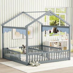 HAOYYE Double Twin House-Style Floor Bed with Fence, Guardrails, without door, Grey Sturdy Space-Saving Heavy Duty Modern Design Adults Dorm Room Easy Assembly Bedroom Furniture
