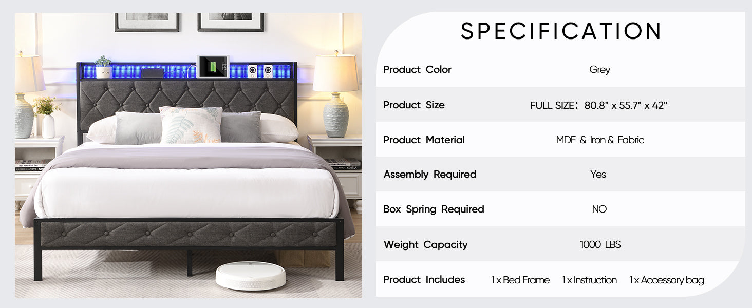 HAOYYE Full Bed Frame with Storage Headboard, Charging Station and LED Lights, Upholstered Platform Bed with Heavy Metal Slats, No Box Spring Needed, Noise Free, Easy Assembly, Dark Gray Sturdy Space-Saving