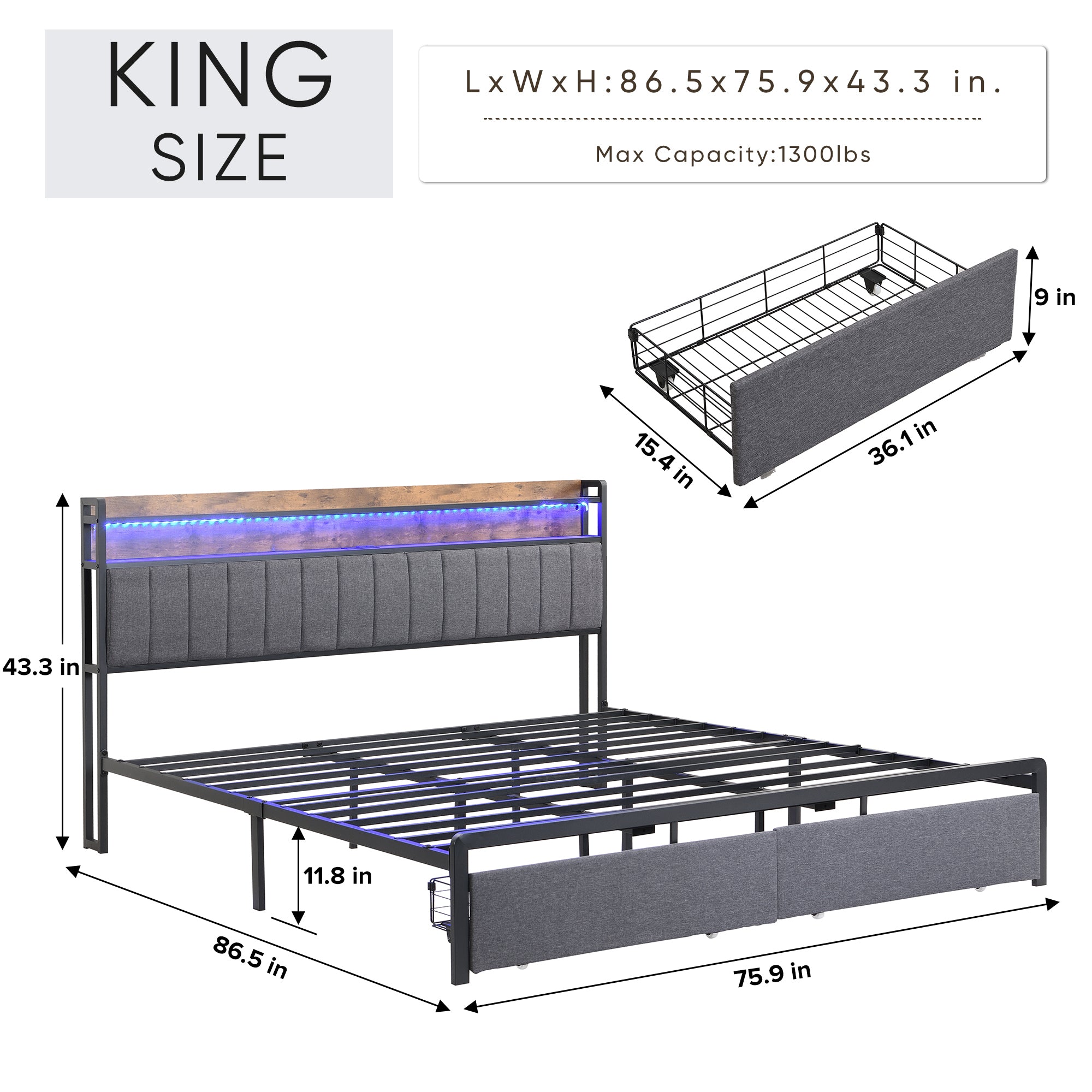 HAOYYE King Bed Frame with Storage Headboard, Drawers, LED Lighting, and Built-in Charging Station, Modern Upholstered Platform Design, Sturdy Space-Saving Grey Construction, No Box Spring Needed, Easy Assembly