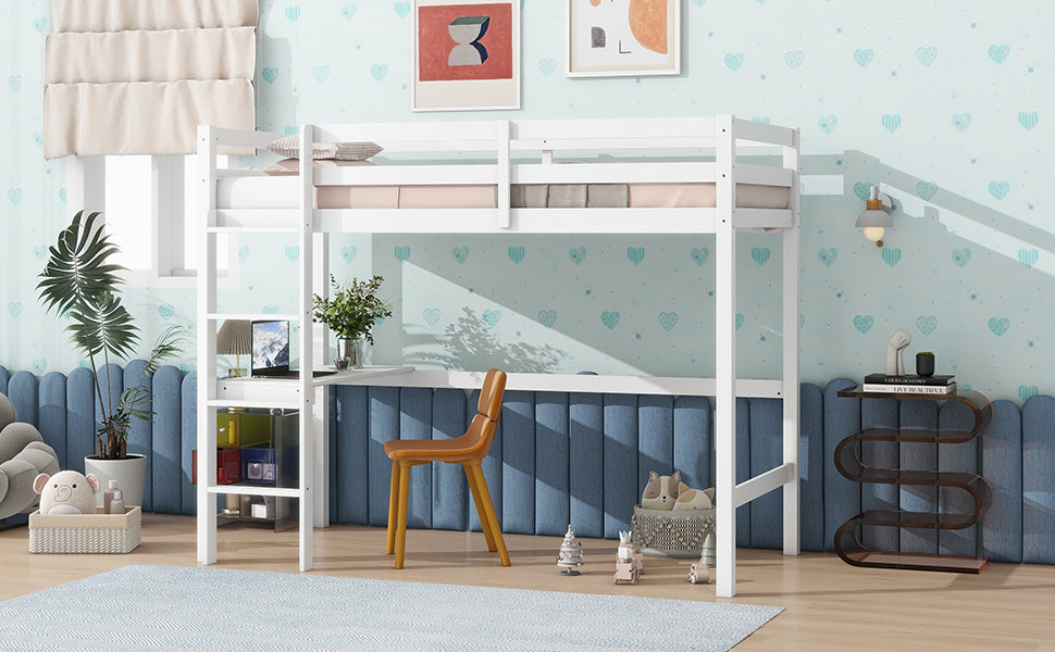 HAOYYE Twin High Loft Bed, Rubber Wood Loft Bed with Safety Guardrail, built-in desk, ladder,White Sturdy Space-Saving Heavy Duty Modern Design Adults Dorm Room Easy Assembly Bedroom Furniture
