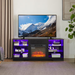 HAOYYE Modern TV Stand With Electric Fireplace, Glass Shelves, 3D Wood Design, LED Lights, And USB Charging Outlet – Entertainment Console Table For TVs From 32 To 62 Inch, Sturdy, Space-Saving Heavy Duty Media Center In Black